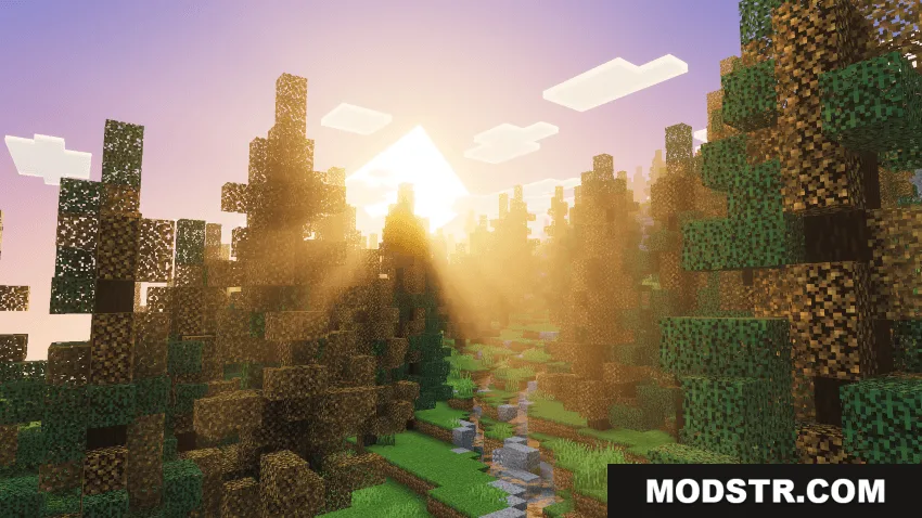 Astralex Visuals Shaders Screenshot 2 A beautiful Minecraft forest scene featuring realistic sunset lighting effects