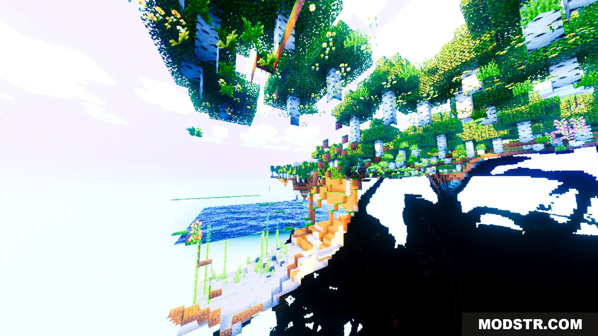 Auralis Shader Screenshot 3 Lush floating islands with birch trees under a bright and saturated sky