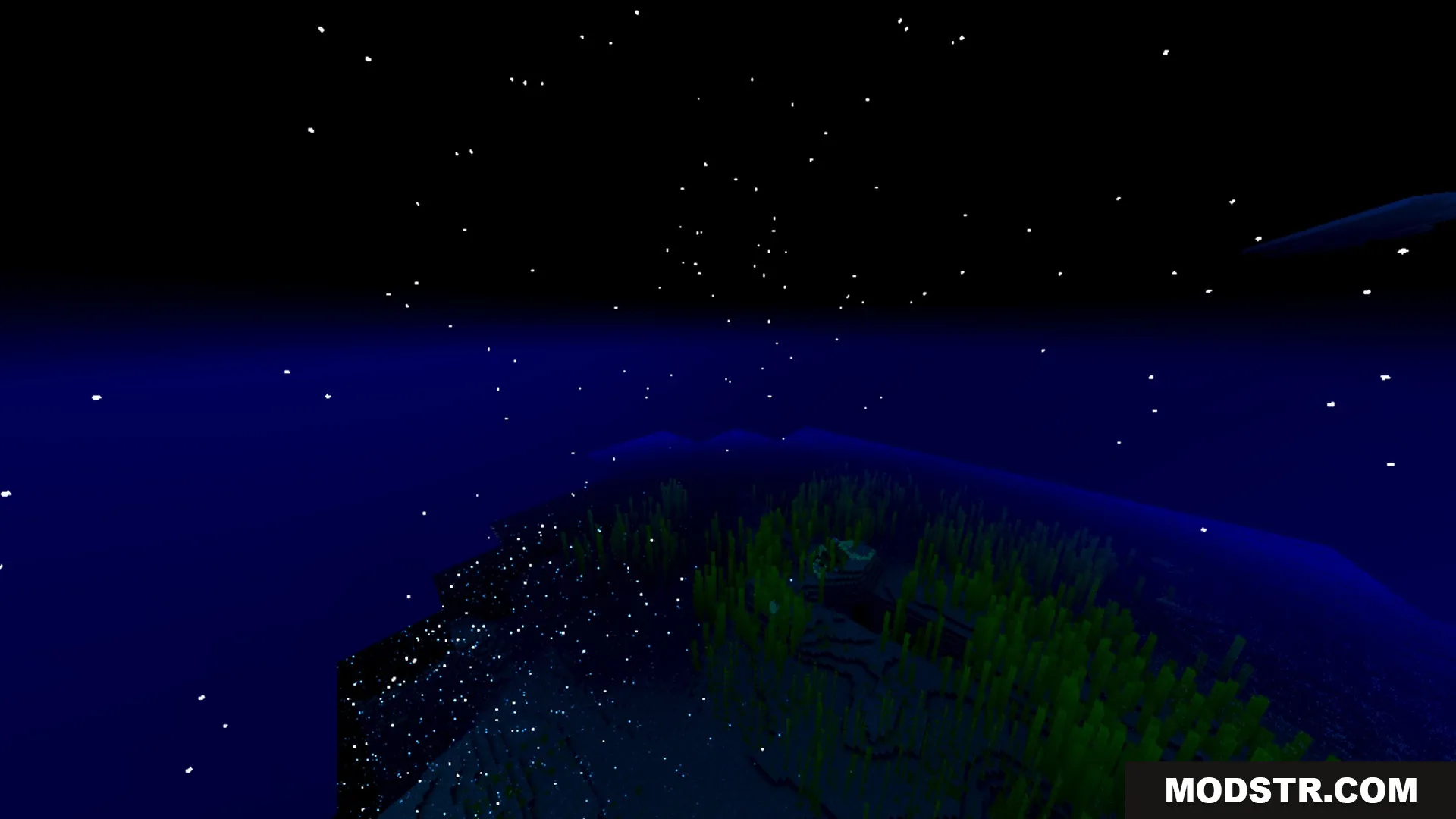 Auralis Shader Screenshot 4 A starry night sky above dark blue water and glowing underwater vegetation