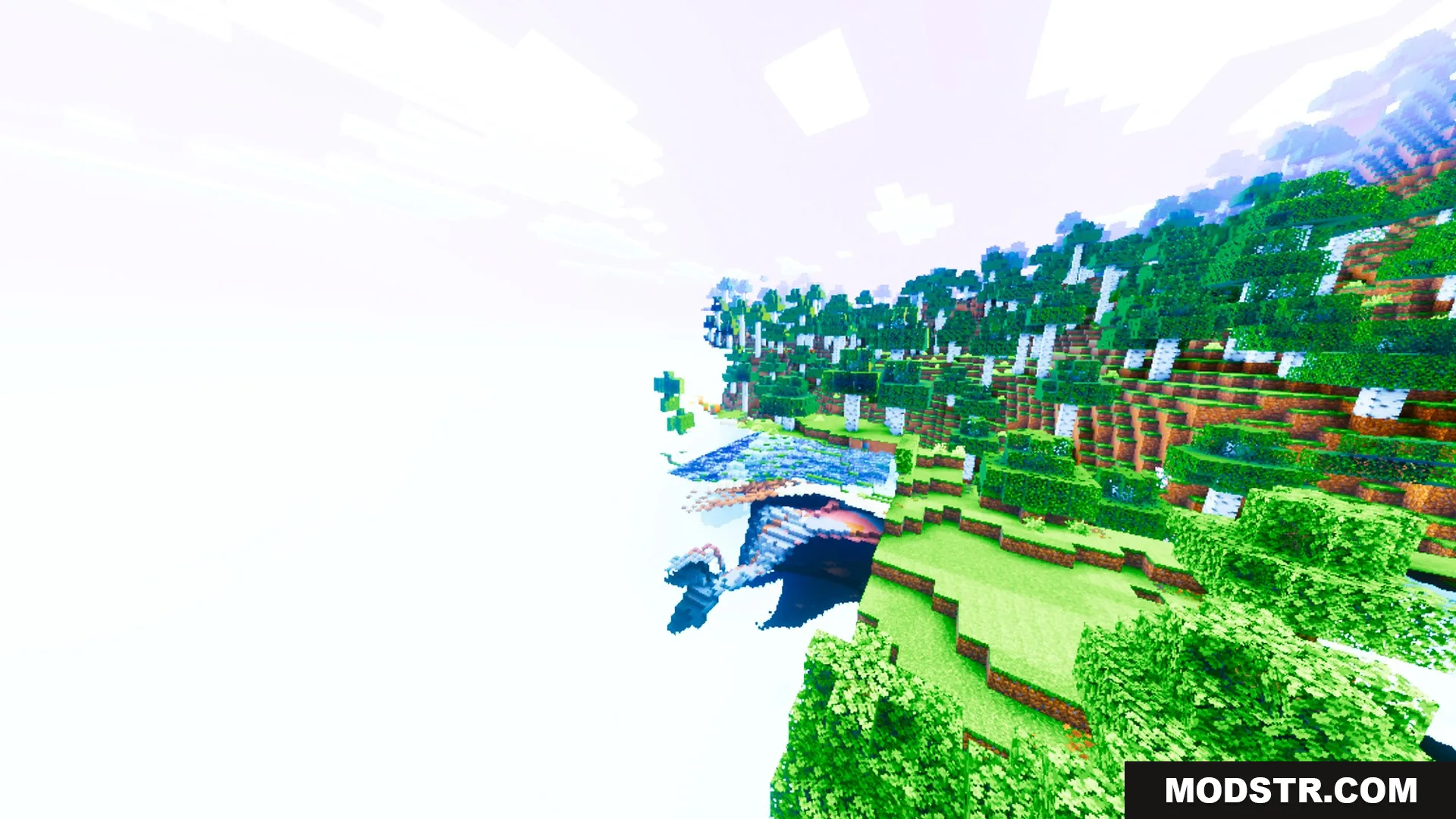 Auralis Shader Screenshot 7 Vibrant forest landscape with bright lighting and reflective water under a clear sky