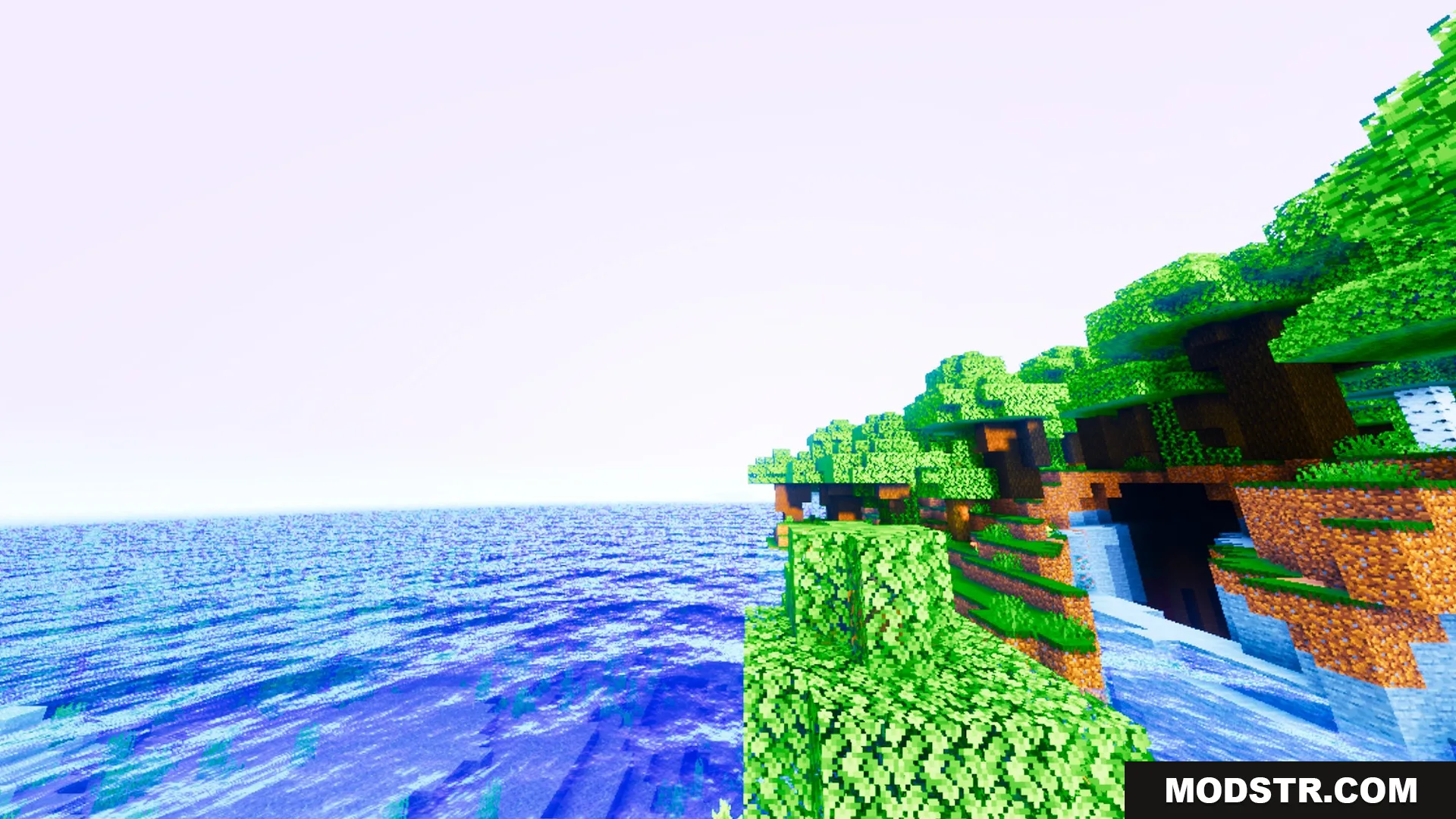 Auralis Shader Screenshot 2 Vibrant green trees grow on a cliff beside a glassy blue ocean surface