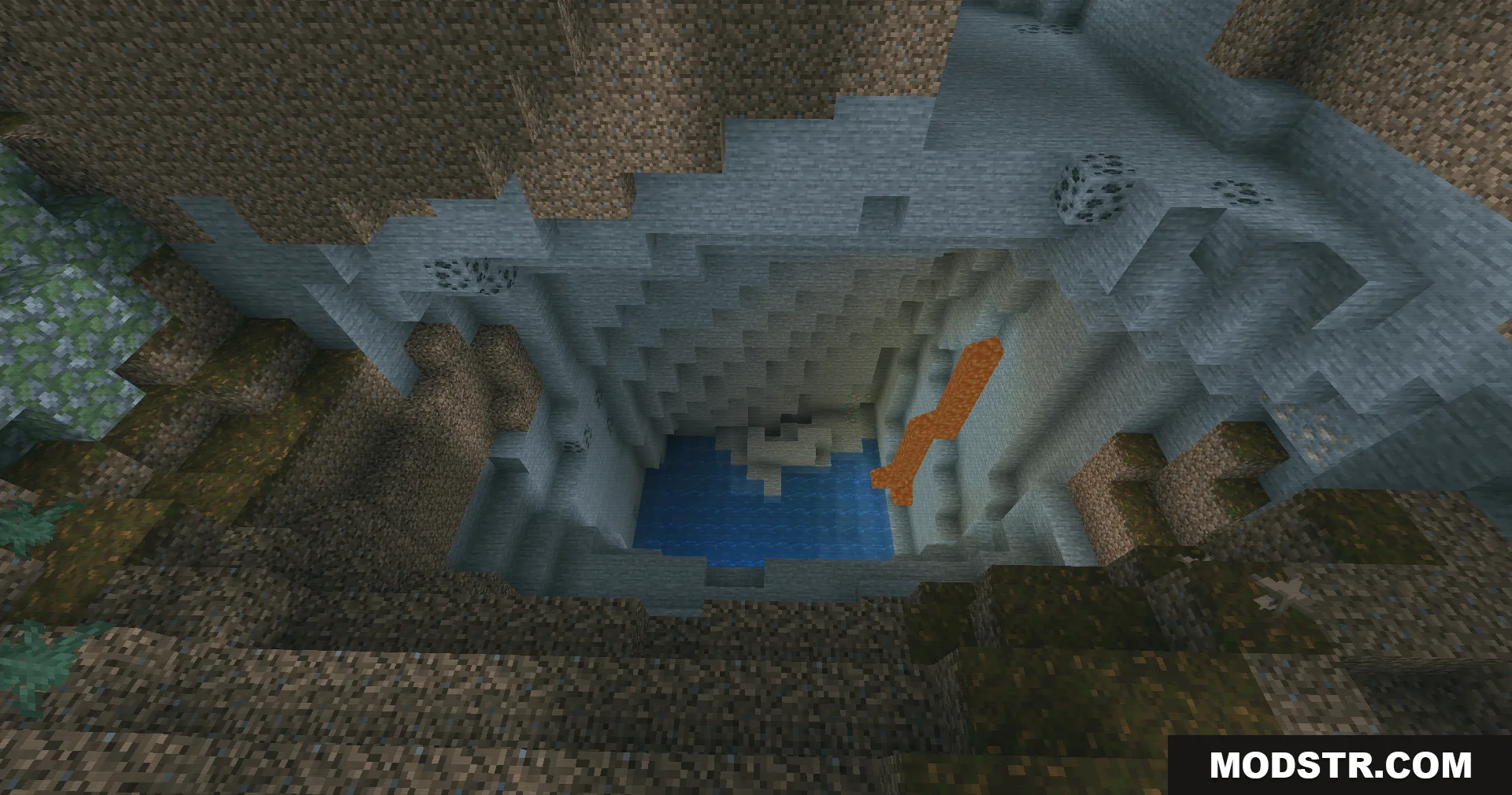 A deep Minecraft cavern featuring a water pool and a flowing lava stream