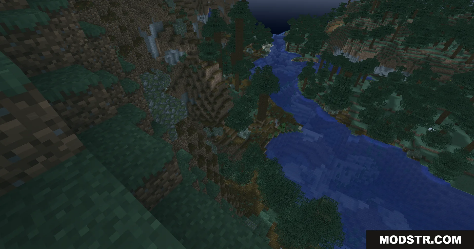 A river flows through a dark spruce forest under a teal night sky