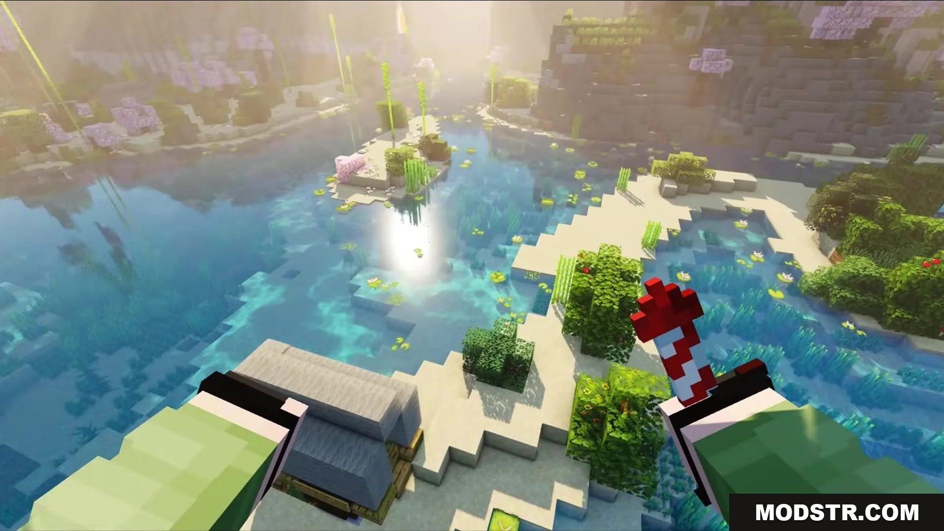 Auth Back Mod Screenshot 4 First person view of a player holding a firework rocket while flying