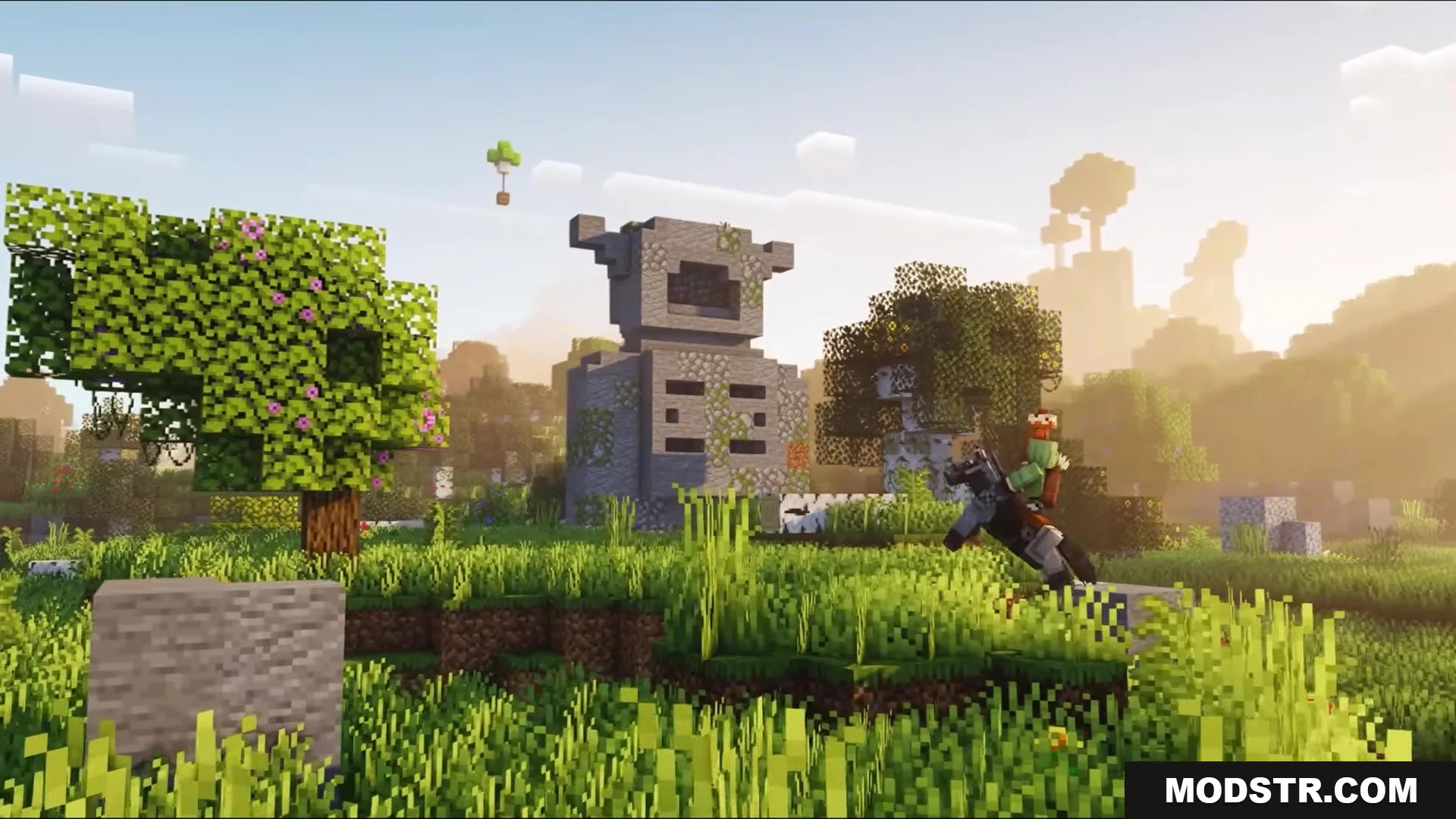 Auth Back Mod Screenshot 8 Player riding a horse past a large stone statue and blooming azalea trees