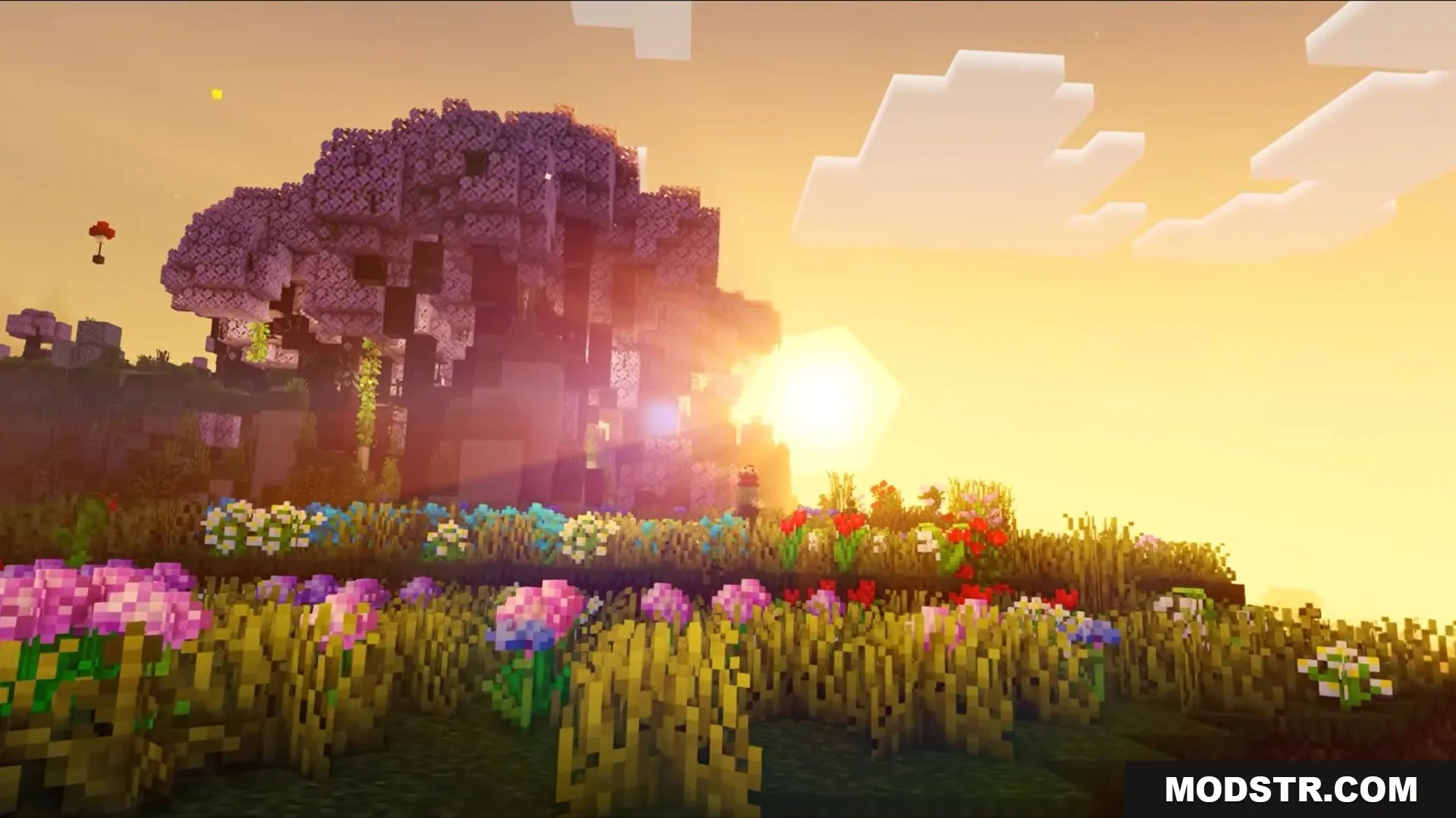 Auth Back Mod Screenshot 1 A giant purple tree standing in a vibrant flower field at sunset