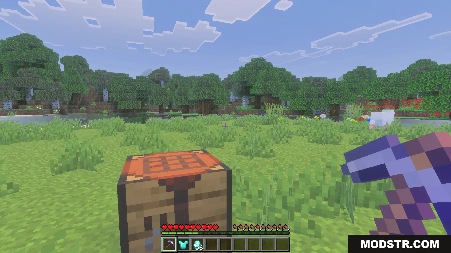 Auto Enchant Addon Screenshot 4 Player holding an enchanted tool while standing near a crafting table outdoors