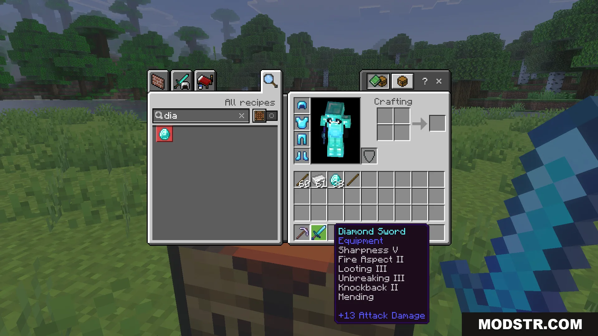 Auto Enchant Addon Screenshot 8 Inventory screen displaying a diamond sword with multiple high level enchantments already applied
