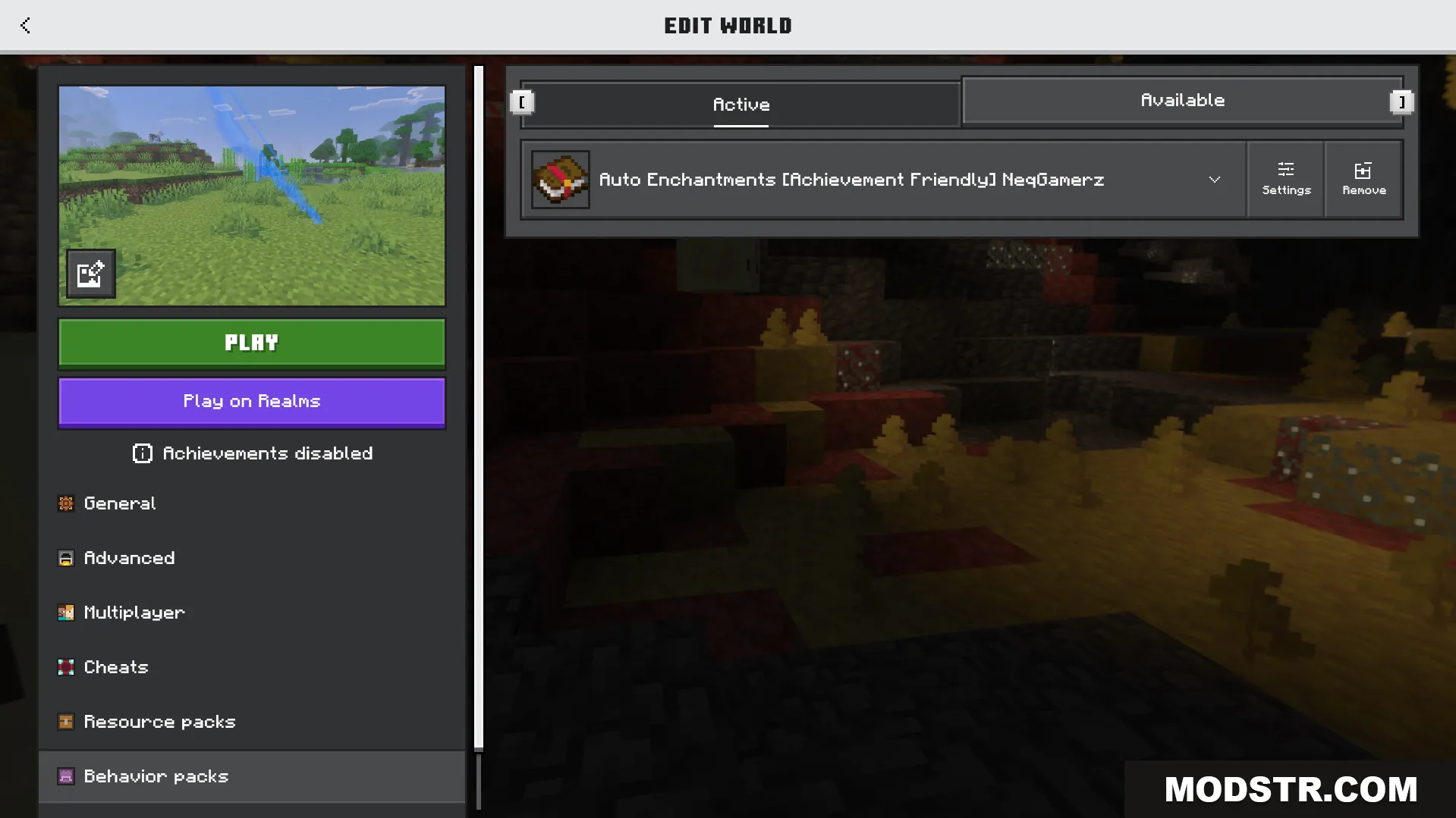 Auto Enchant Addon Screenshot 1 Minecraft world settings menu showing the Auto Enchantments behavior pack enabled