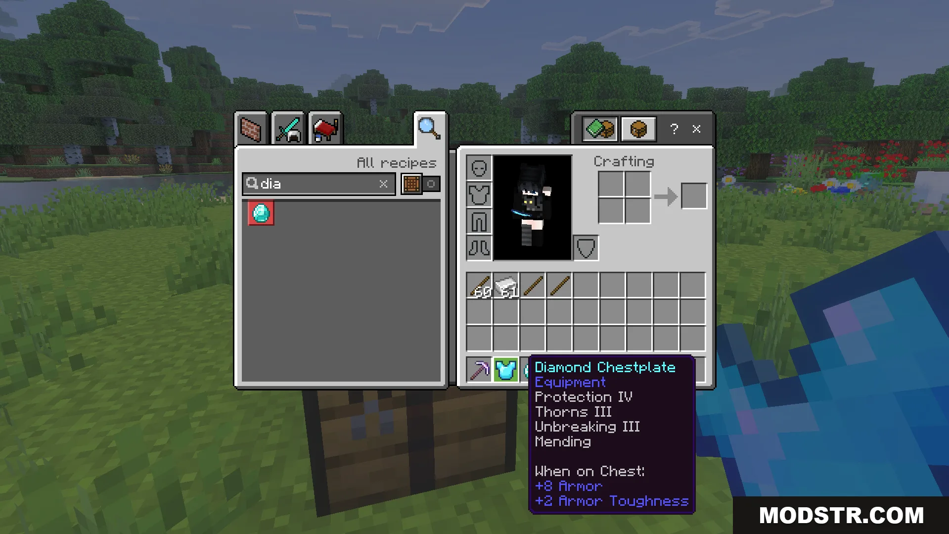 Auto Enchant Addon Screenshot 6 Open inventory showing a diamond chestplate with various enchantments from Auto Enchant Addon