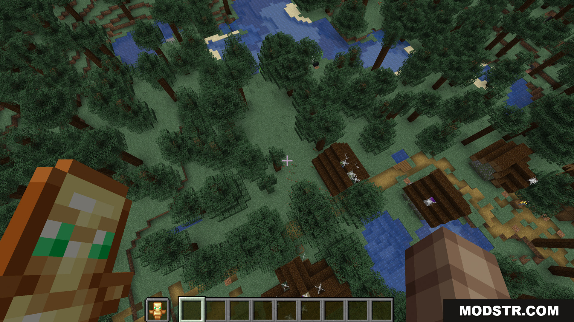 Player falling towards a village holding a totem of undying