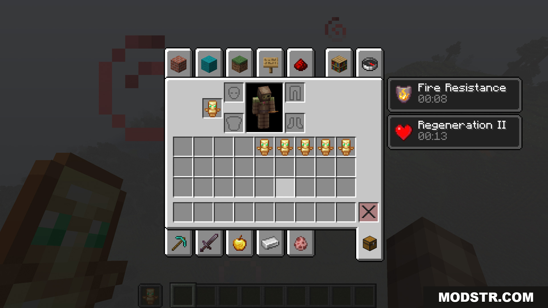 Inventory showing multiple totems and active potion effects