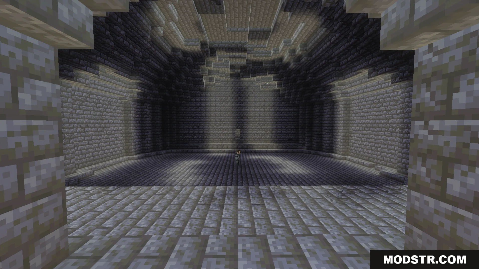 Player standing in a large stone chamber within the Avras Heroes Superman Addon