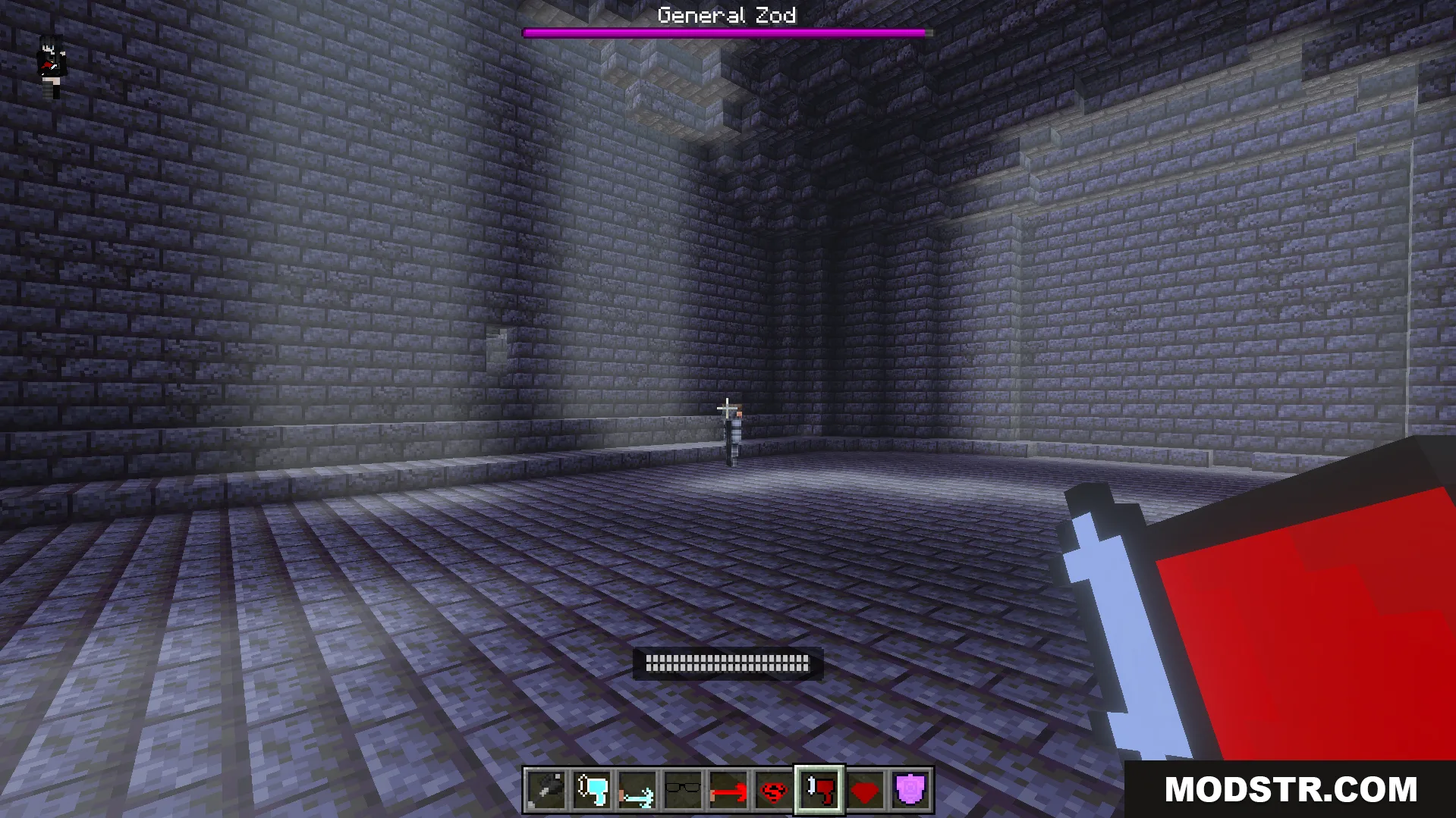 Player holding a red power item while facing General Zod in stone chamber