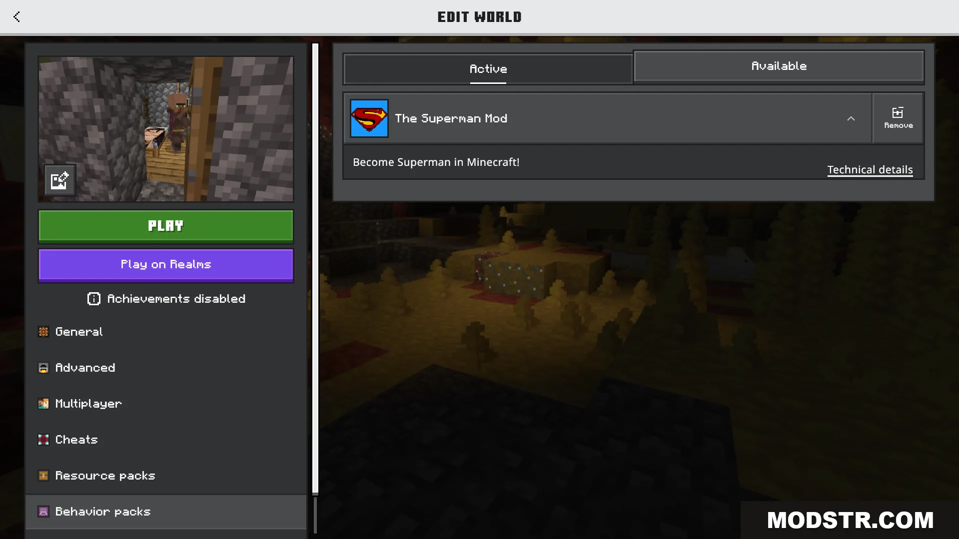 The world edit screen showing the active Superman mod behavior pack