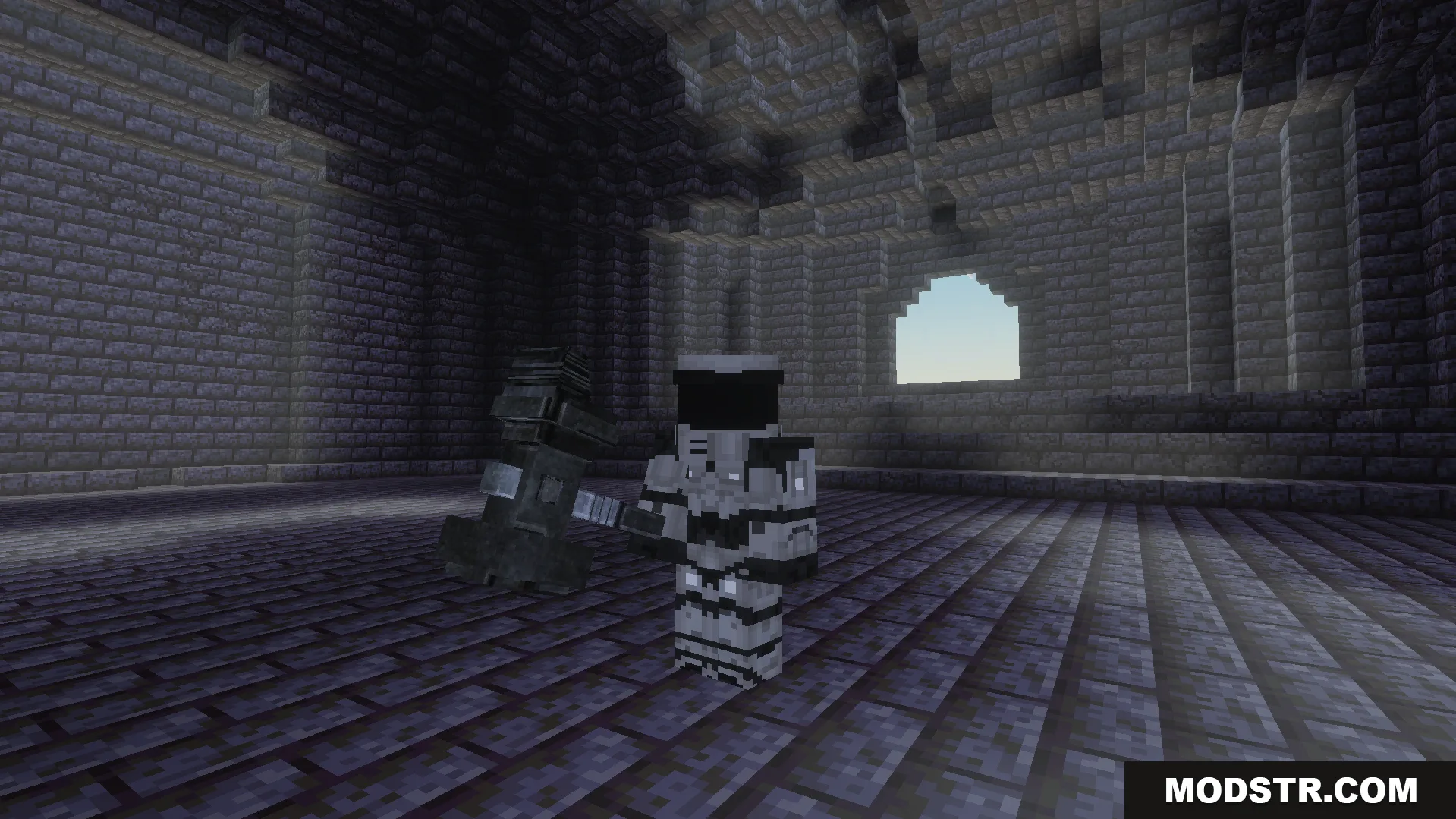 Minecraft character holding a large kinetic hammer in a stone brick room