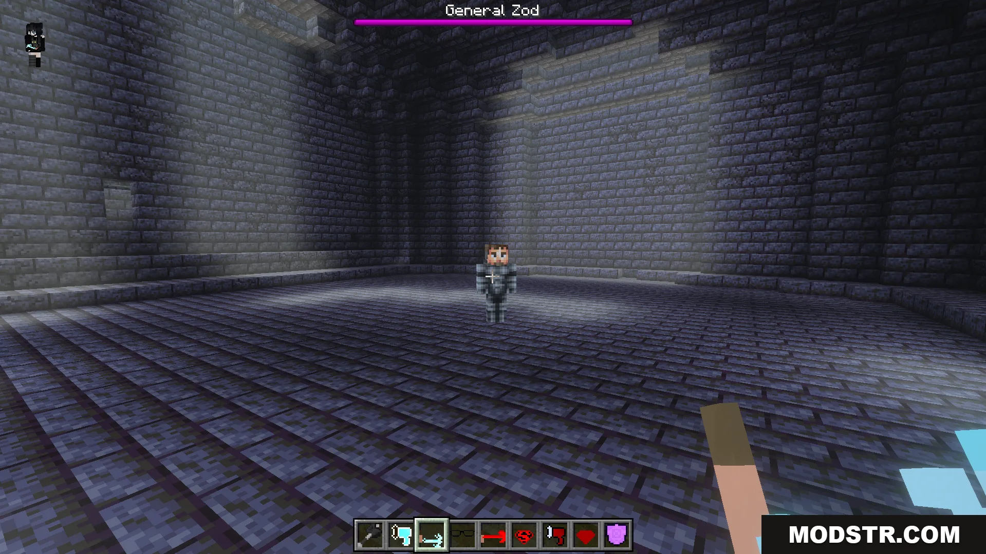 Player character facing General Zod boss while using custom superhero items and powers