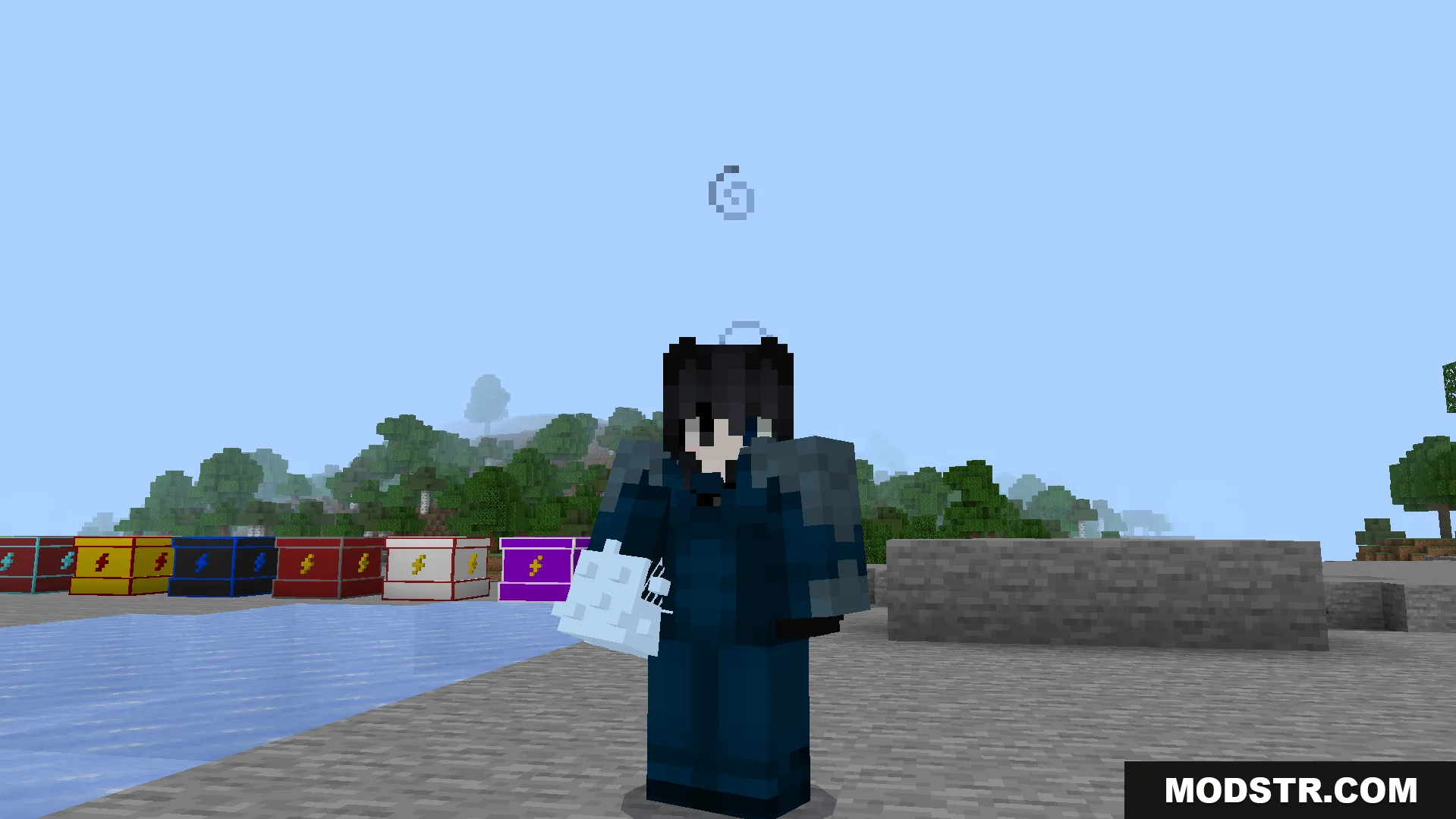 Player character wearing a dark speedster suit standing near colored storage chests