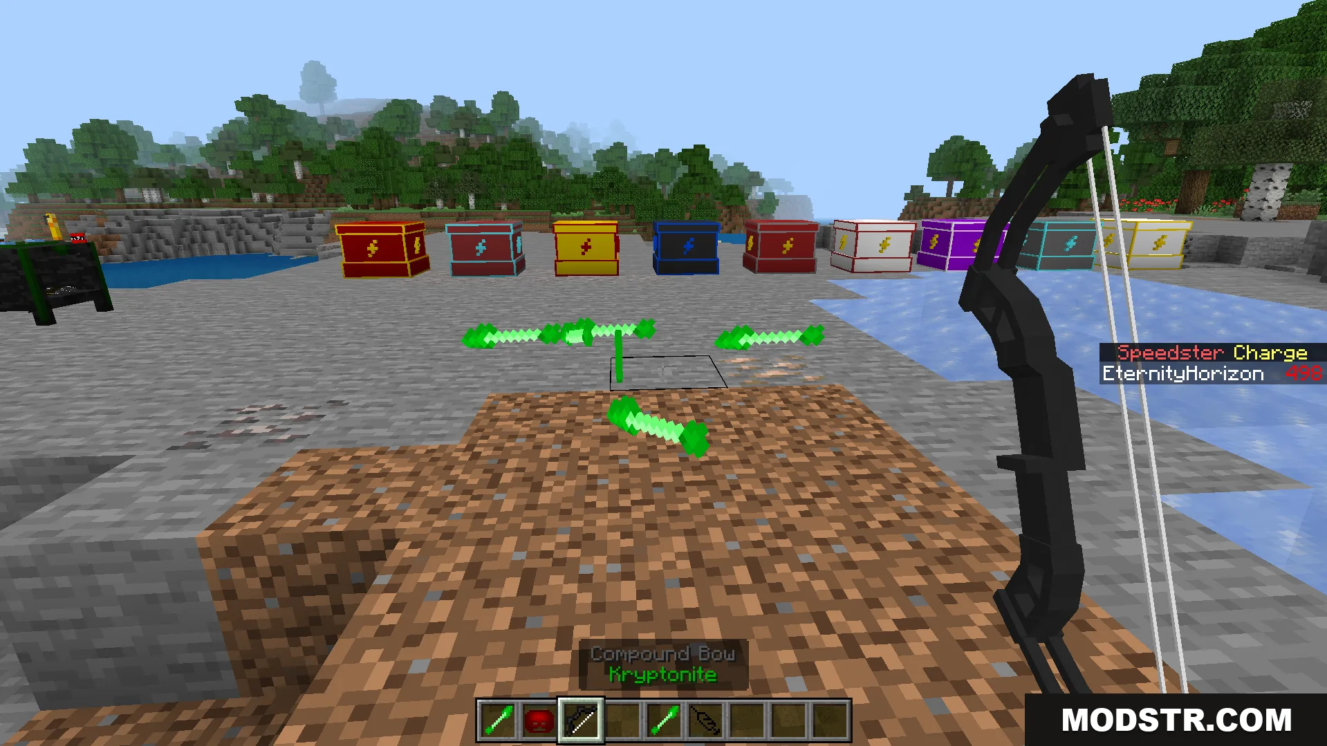 Player holding a compound bow with green arrows near several colorful speedster chests