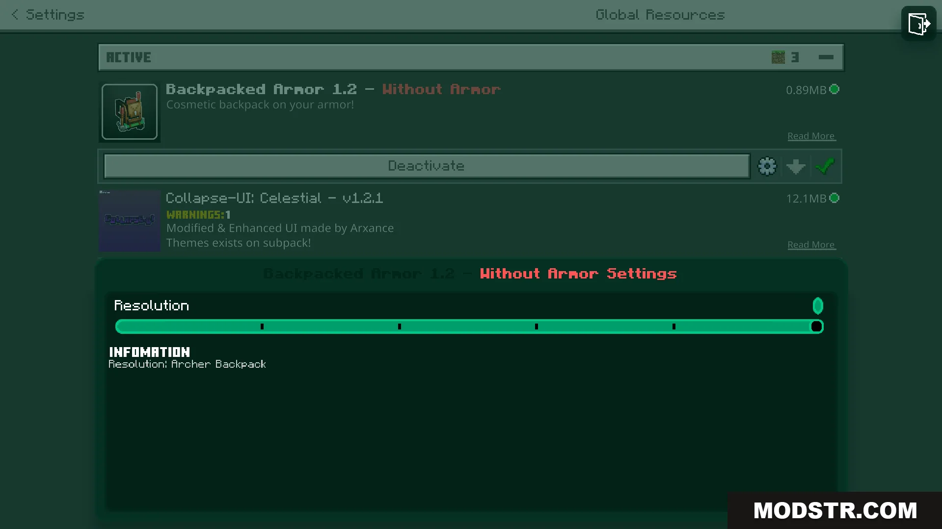 Backpacked Armor Texture Pack Screenshot 3 Settings menu for selecting the Archer Backpack resolution option
