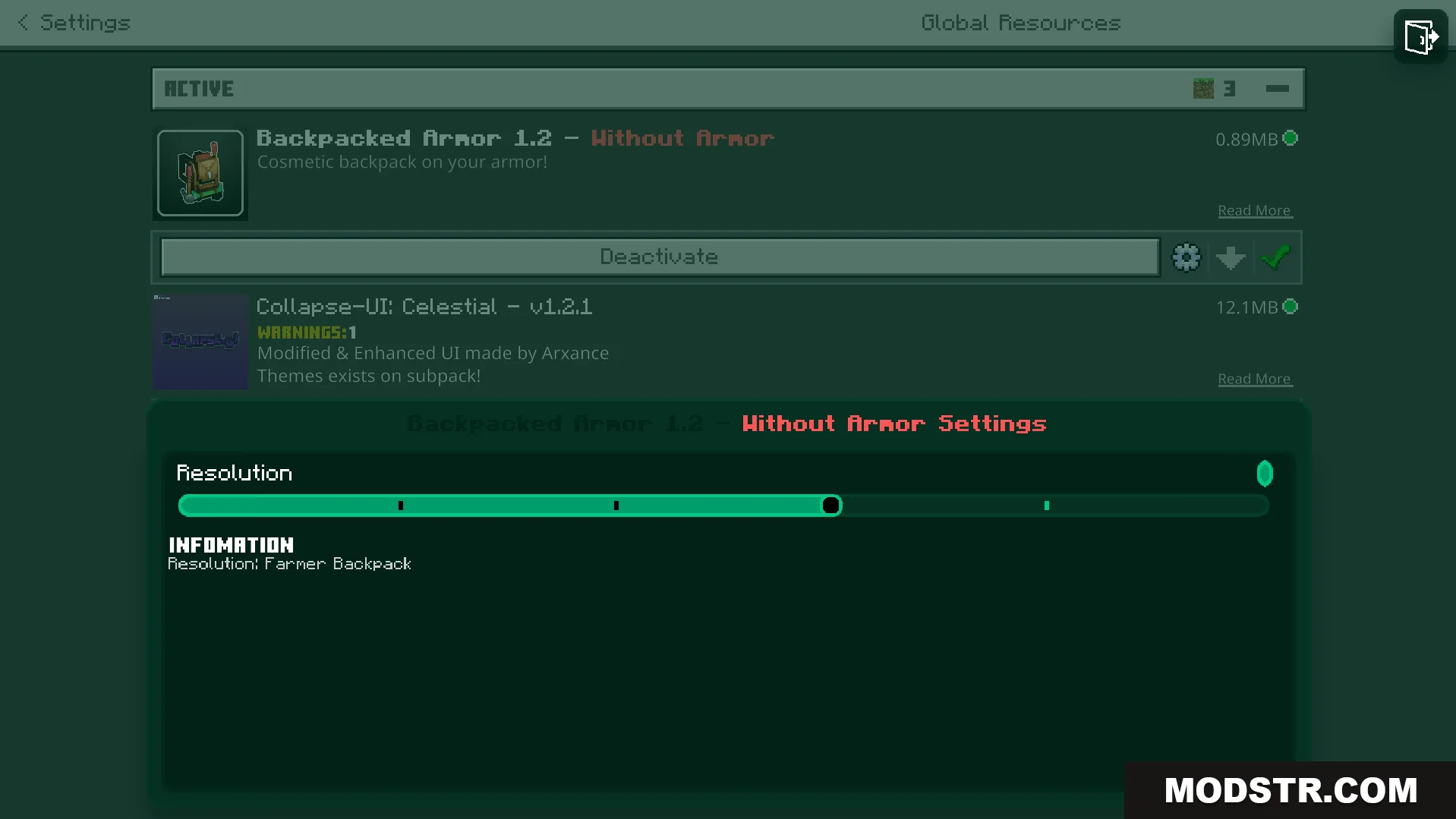 Backpacked Armor Texture Pack Screenshot 4 Settings menu showing the Farmer Backpack resolution option selected