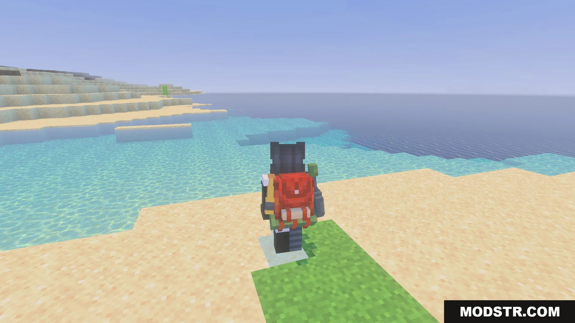 Backpacked Armor Texture Pack Screenshot 9 Player character wearing a custom cosmetic backpack model while traveling on a beach