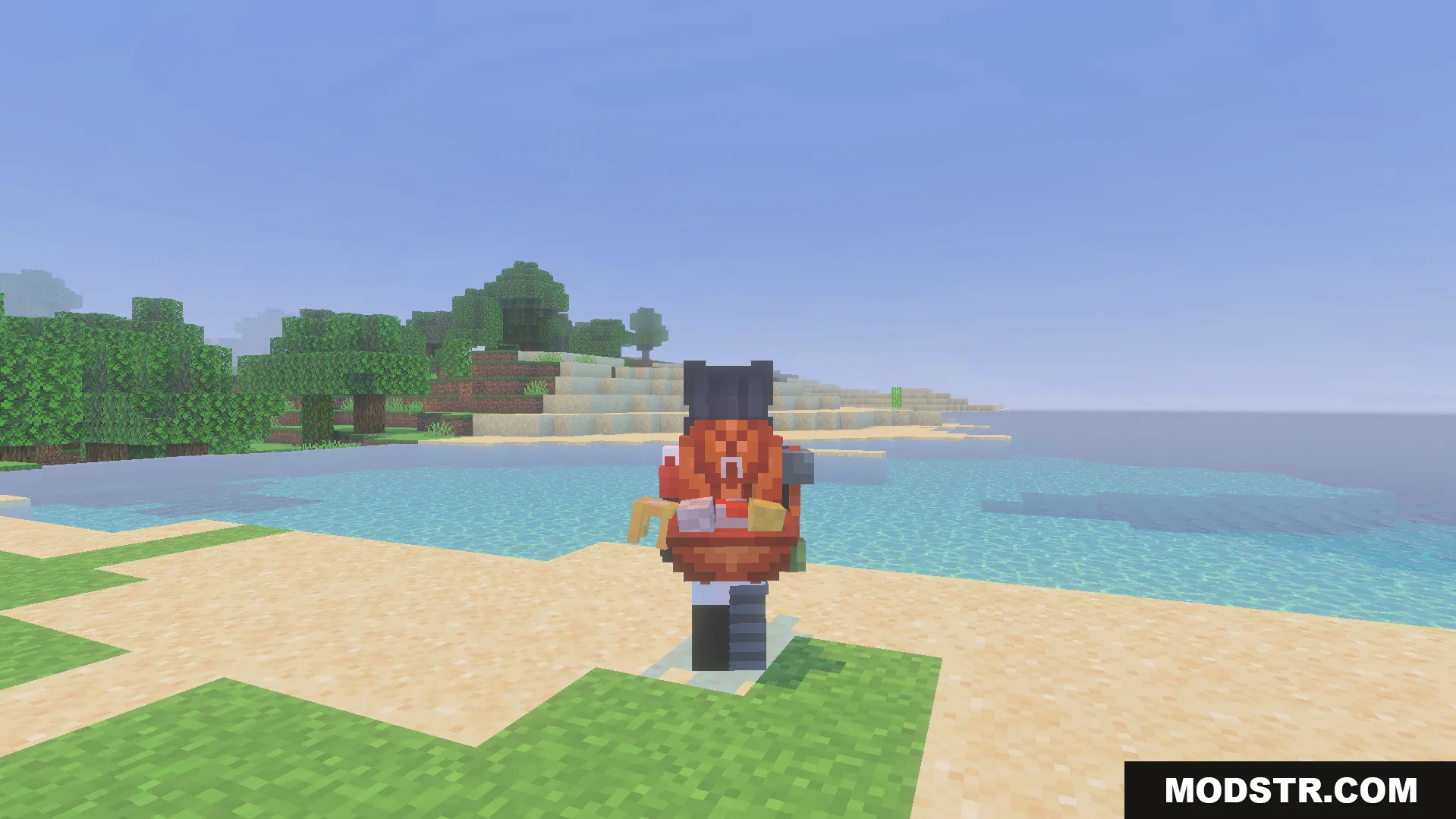 Backpacked Armor Texture Pack Screenshot 7 Player wearing a cosmetic miner backpack with tools on a beach