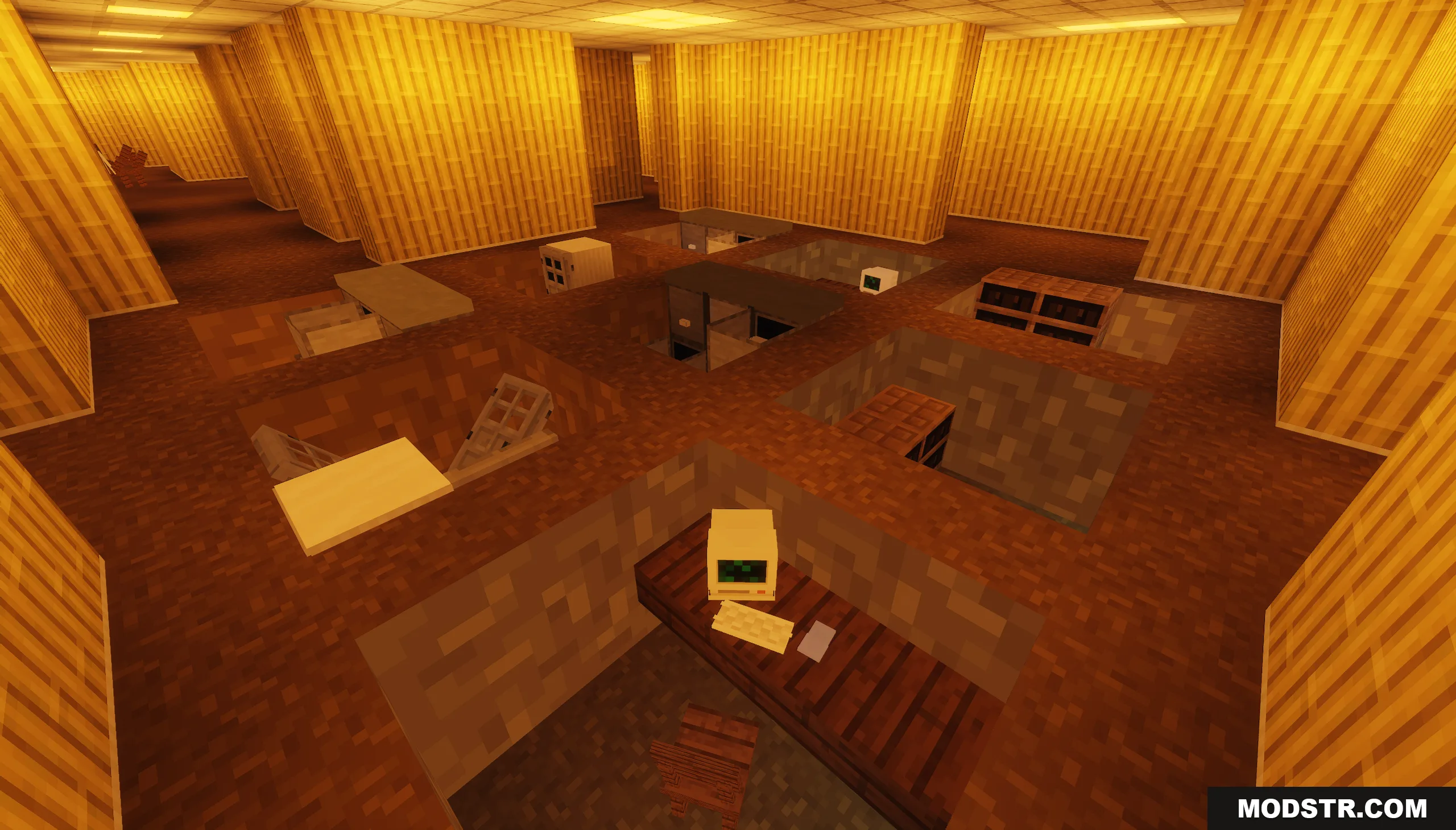 Backrooms Hide and Seek Map Screenshot 5 Office desks and computers placed inside floor pits within a yellow room