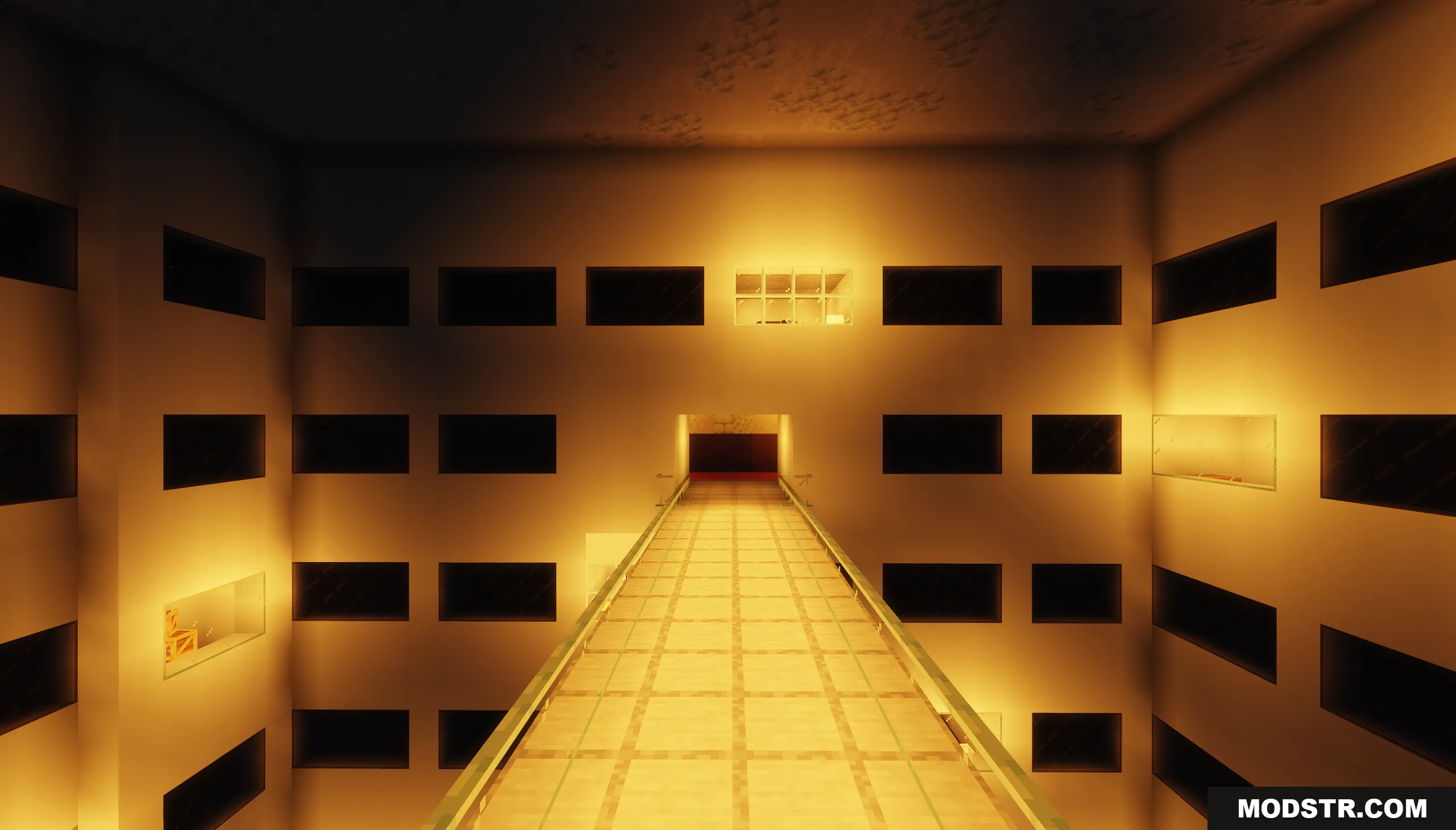 Backrooms Hide and Seek Map Screenshot 9 A long bridge stretches across a large room with many dark openings