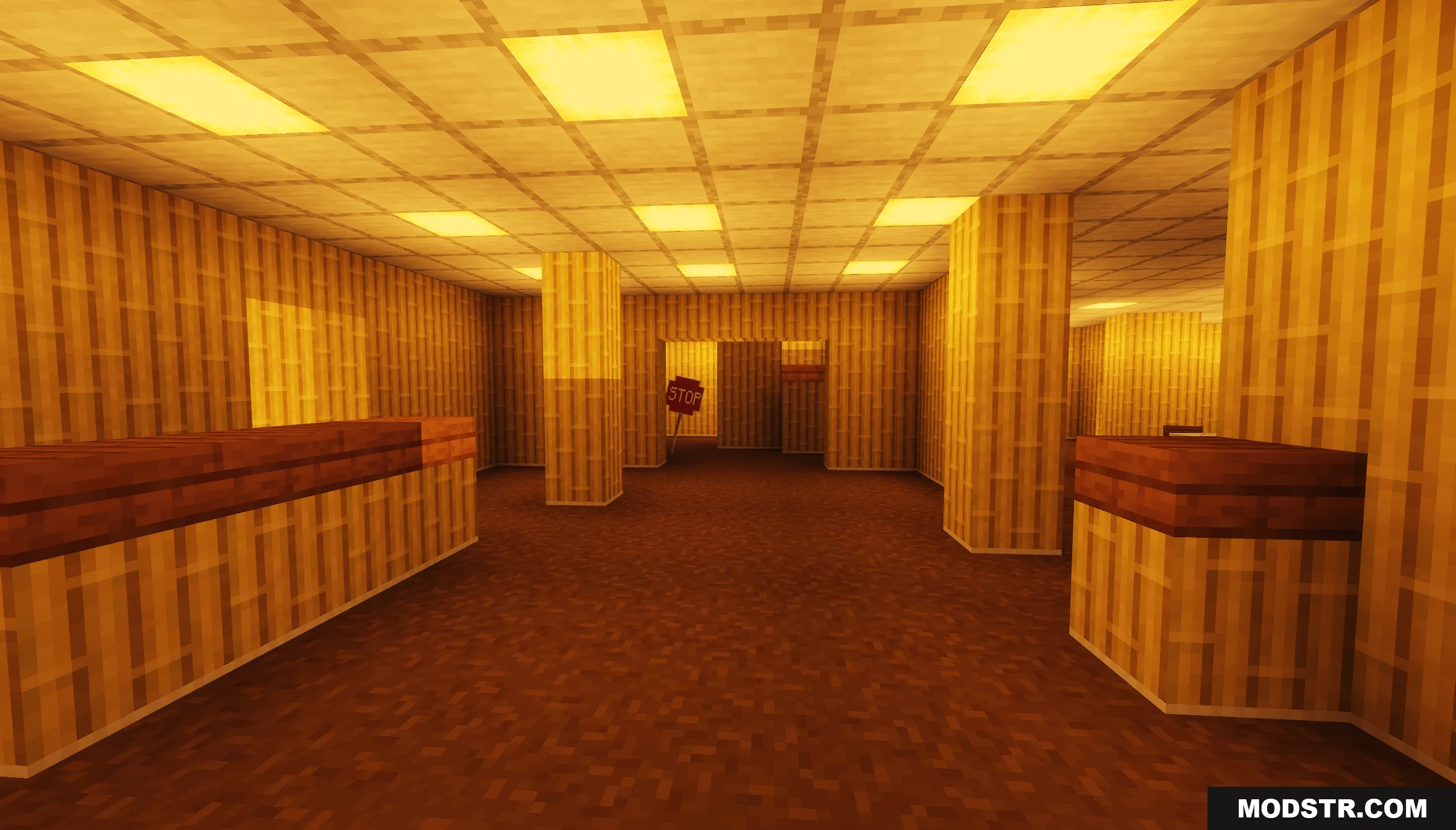 Backrooms Hide and Seek Map Screenshot 2 A large room with yellow pillars and a stop sign in Minecraft