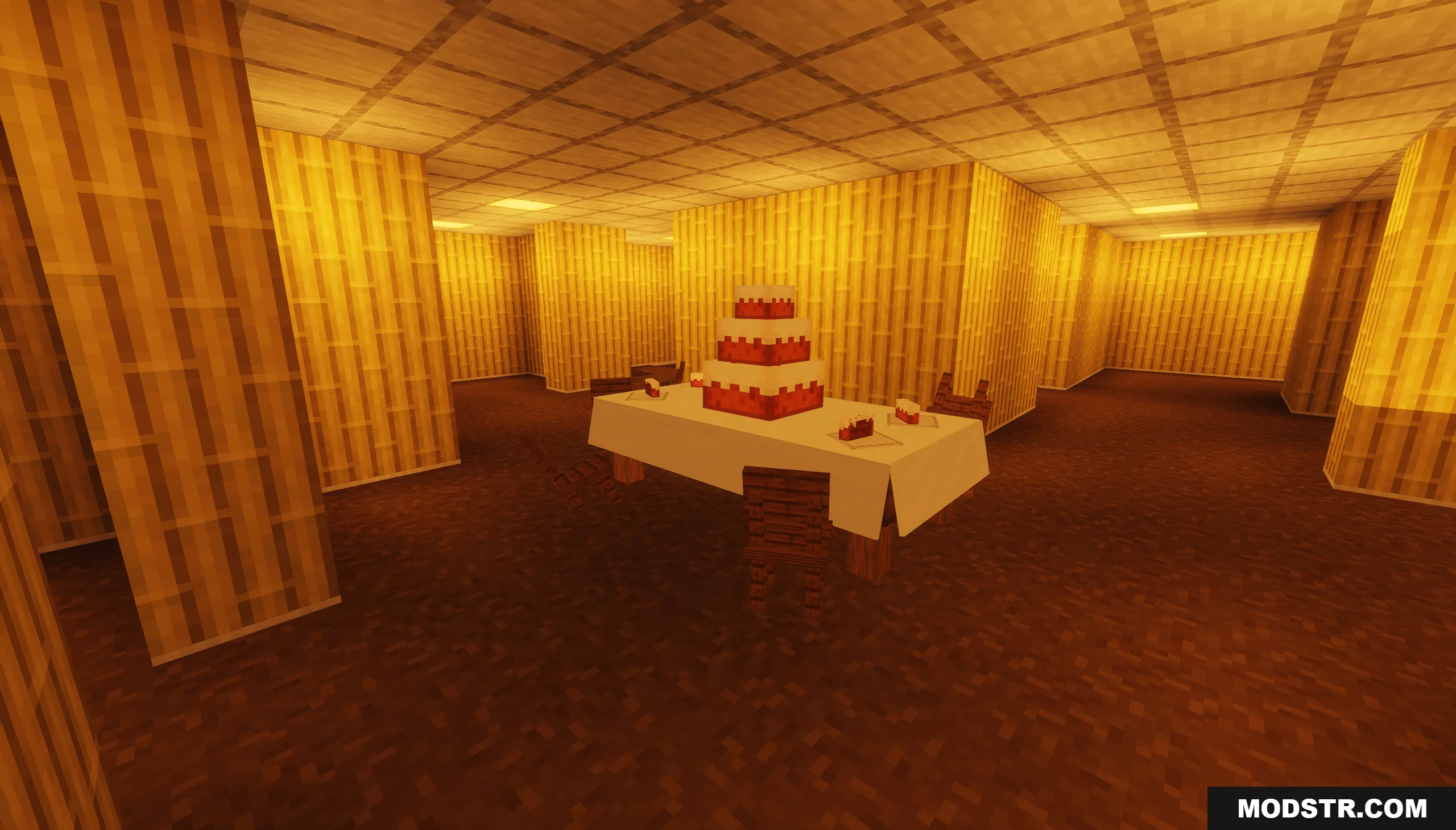 Backrooms Hide and Seek Map Screenshot 4 A large tiered cake and slices on a table in a yellow maze room