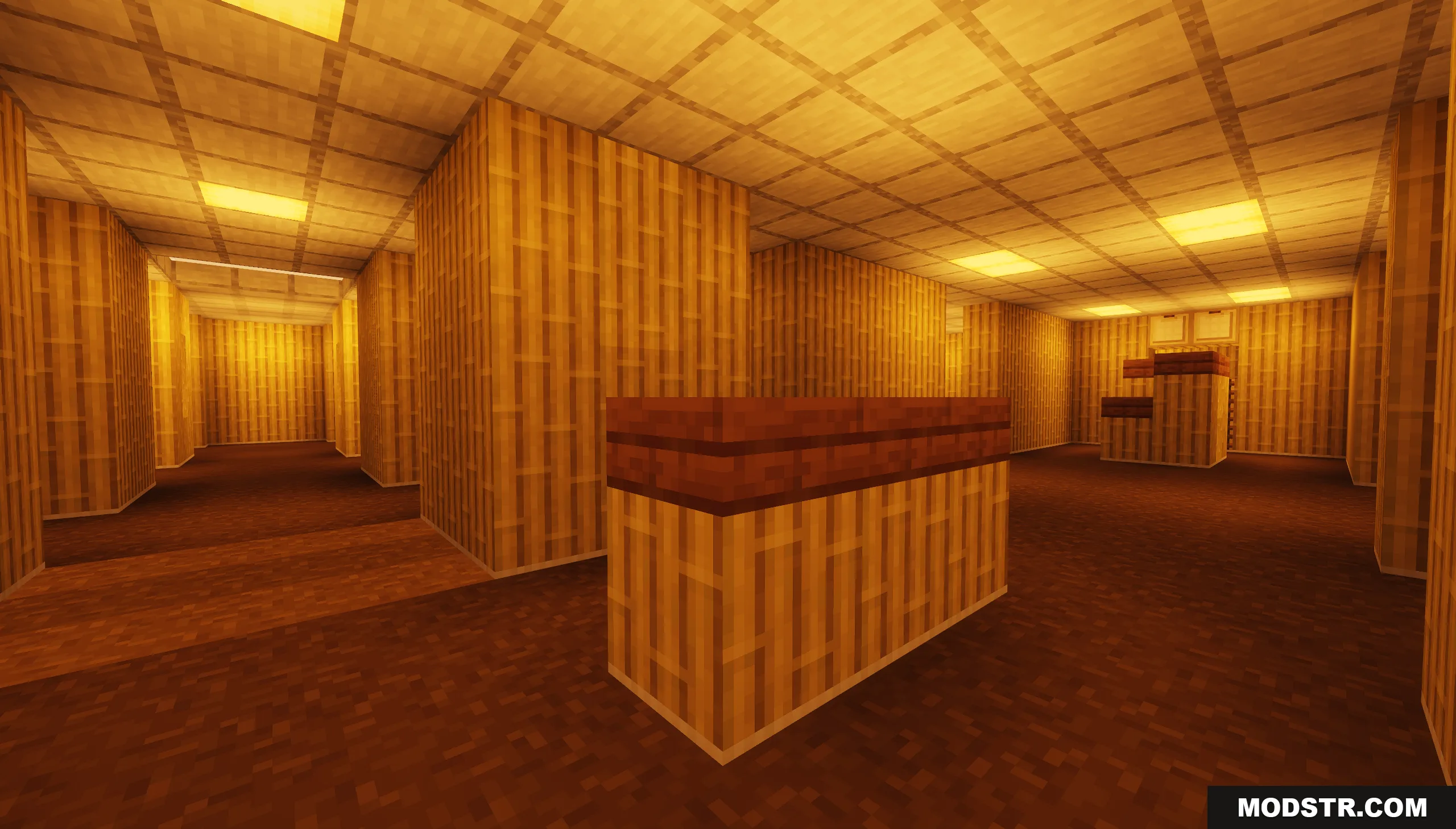 Backrooms Hide and Seek Map Screenshot 3 Yellowish maze corridors with bamboo walls and a brown wooden counter