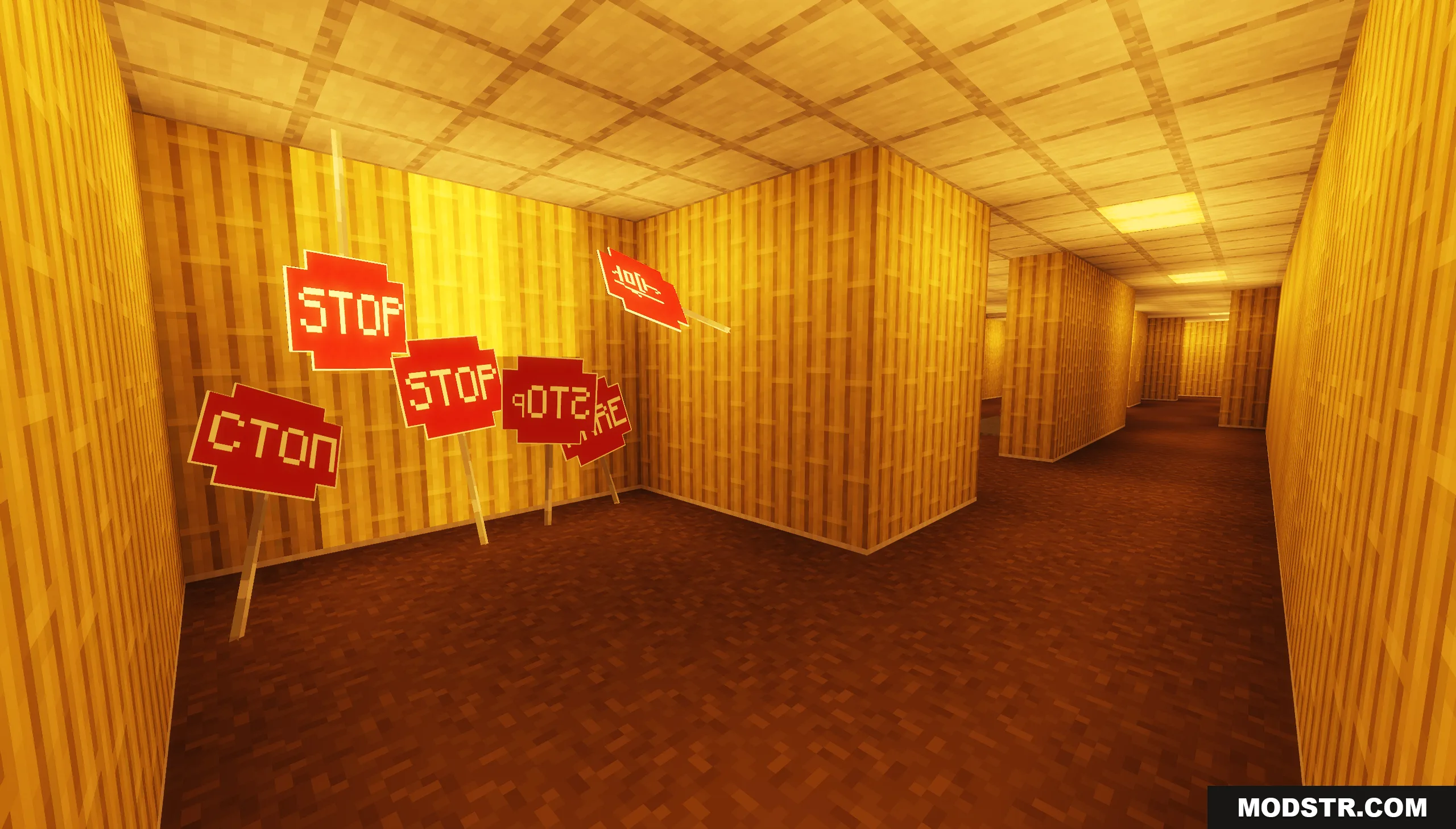 Backrooms Hide and Seek Map Screenshot 6 Multiple red stop signs positioned in a yellow hallway with brown carpet