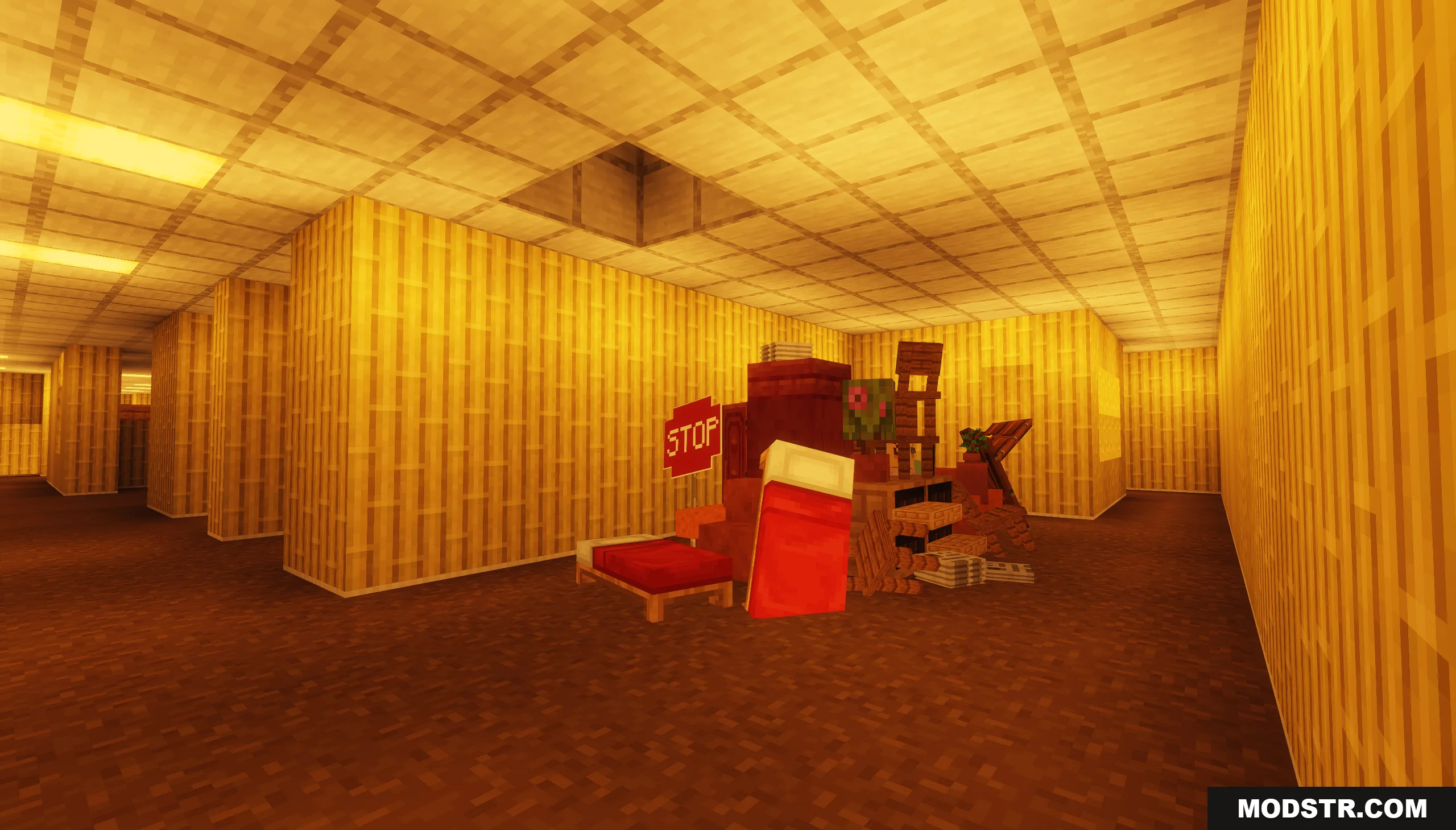 Backrooms Hide and Seek Map Screenshot 7 Furniture and beds are piled in a yellow hallway of the Backrooms