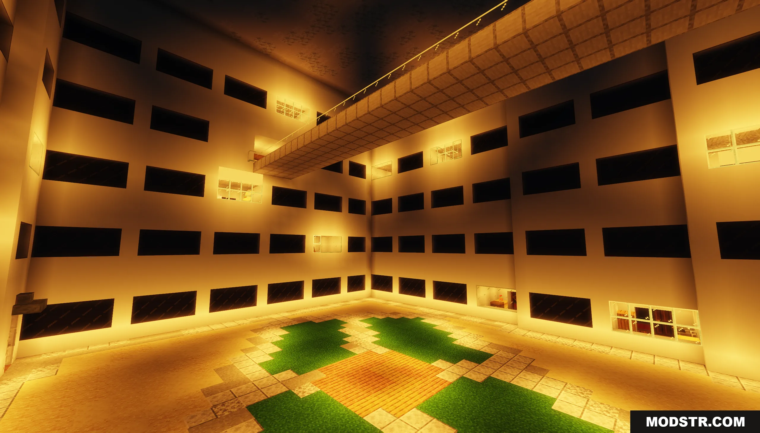 Backrooms Hide and Seek Map Screenshot 8 A massive indoor courtyard with rows of windows and an overhead bridge