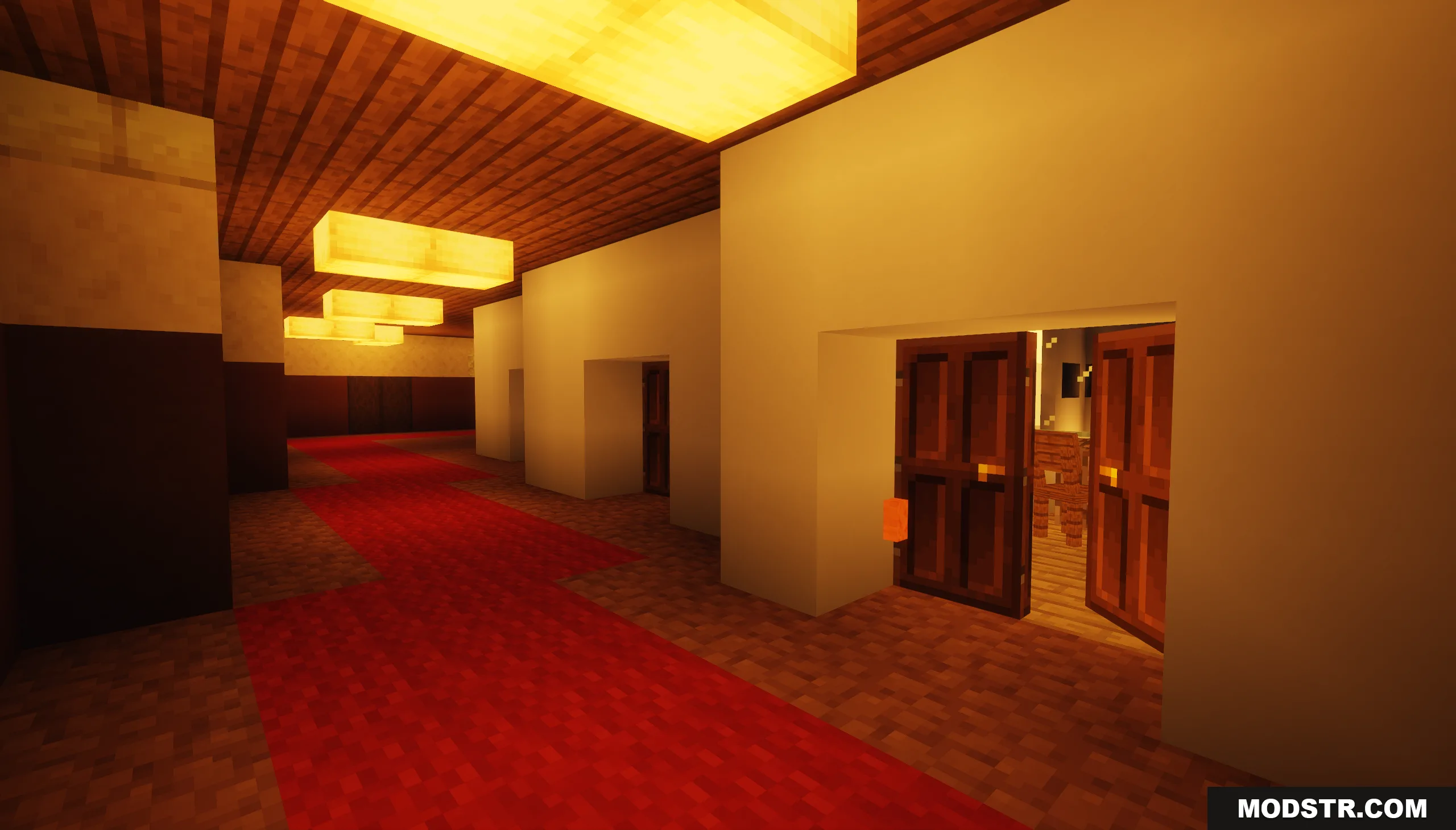 Backrooms Hide and Seek Map Screenshot 10 A hallway with a red carpet and glowing lights in the Backrooms map