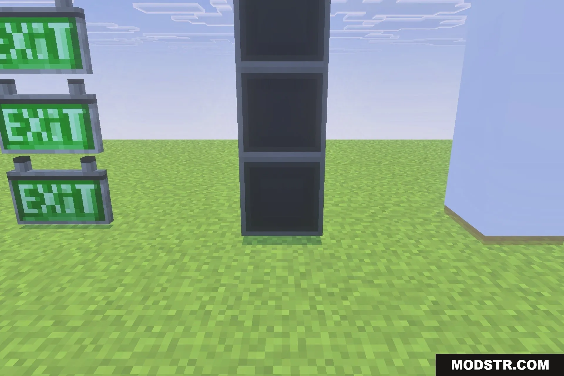 BACKROOMS THE FORGOTTEN COMPLEX Addon Screenshot 6 Three glowing green exit signs stacked vertically next to dark blocks