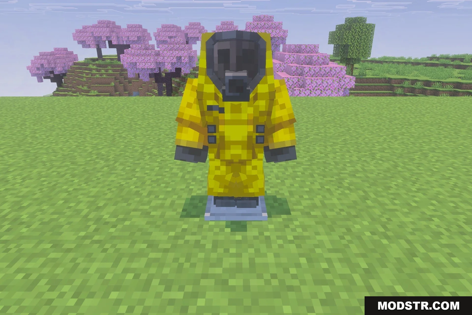 BACKROOMS THE FORGOTTEN COMPLEX Addon Screenshot 4 A player wearing a protective yellow hazmat suit stands in a cherry blossom forest