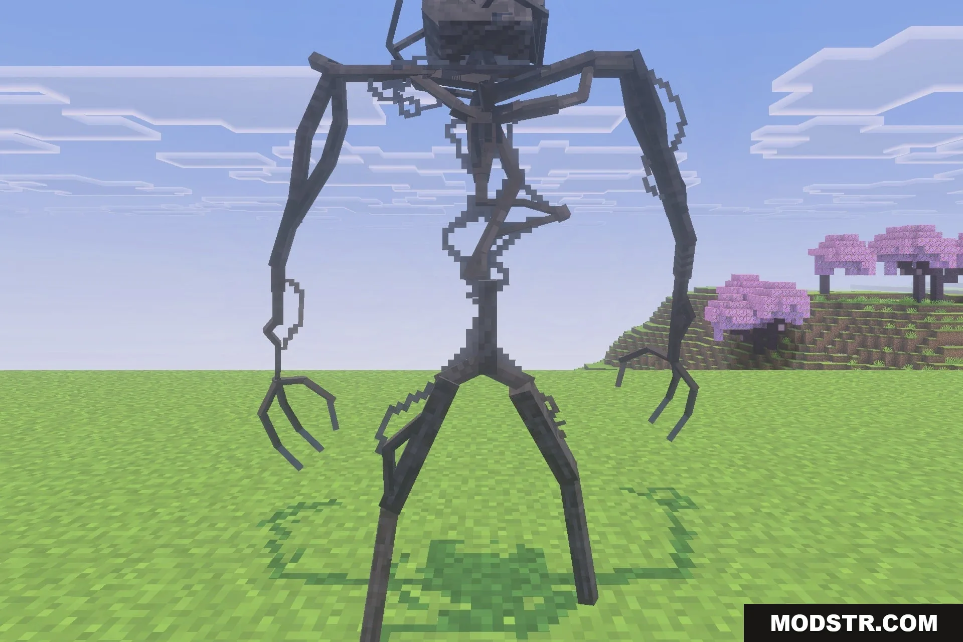 BACKROOMS THE FORGOTTEN COMPLEX Addon Screenshot 5 A tall spindly Bacteria entity stands in a grassy Minecraft field