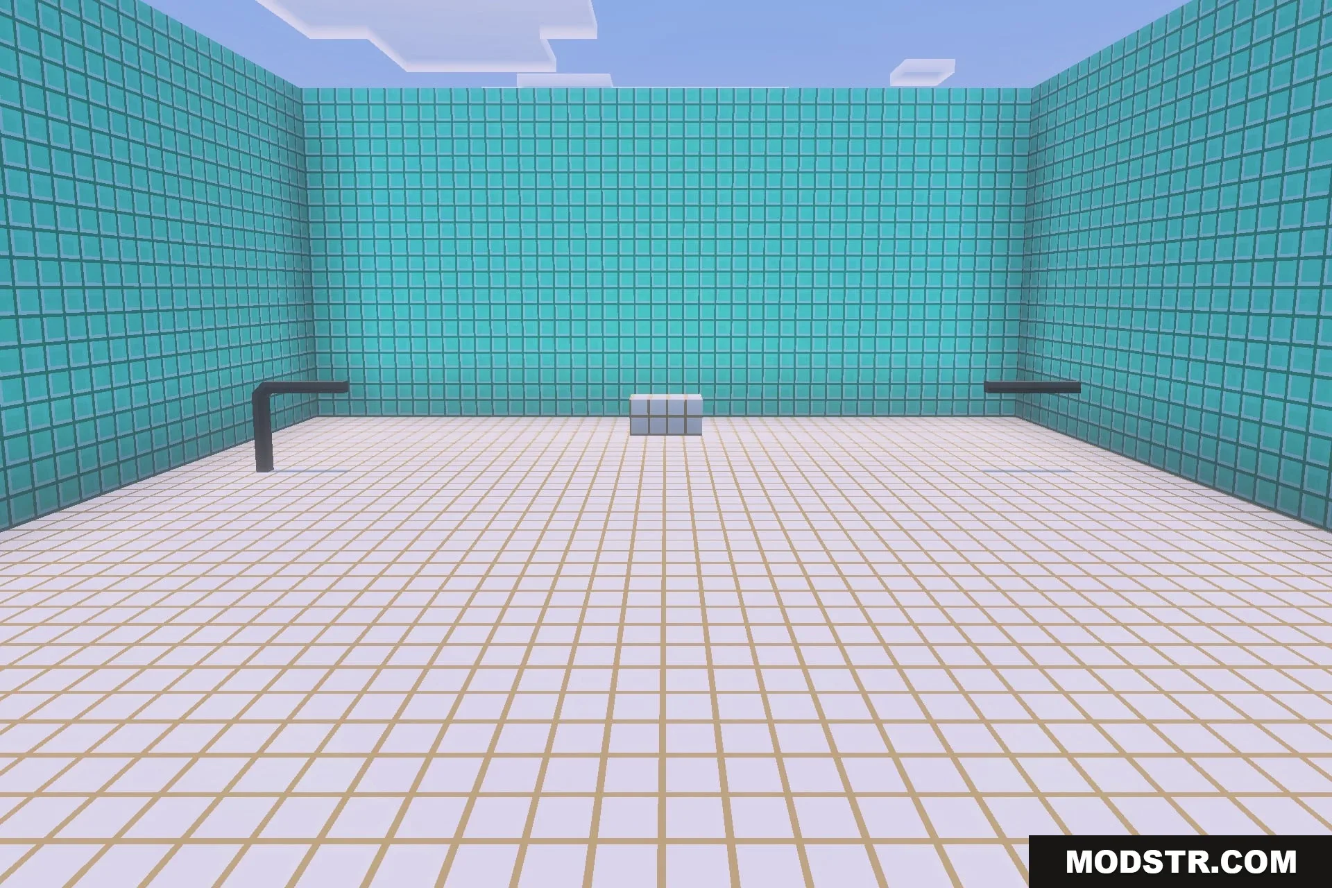 BACKROOMS THE FORGOTTEN COMPLEX Addon Screenshot 2 An empty room with blue tiled walls and white tiled floors in Minecraft