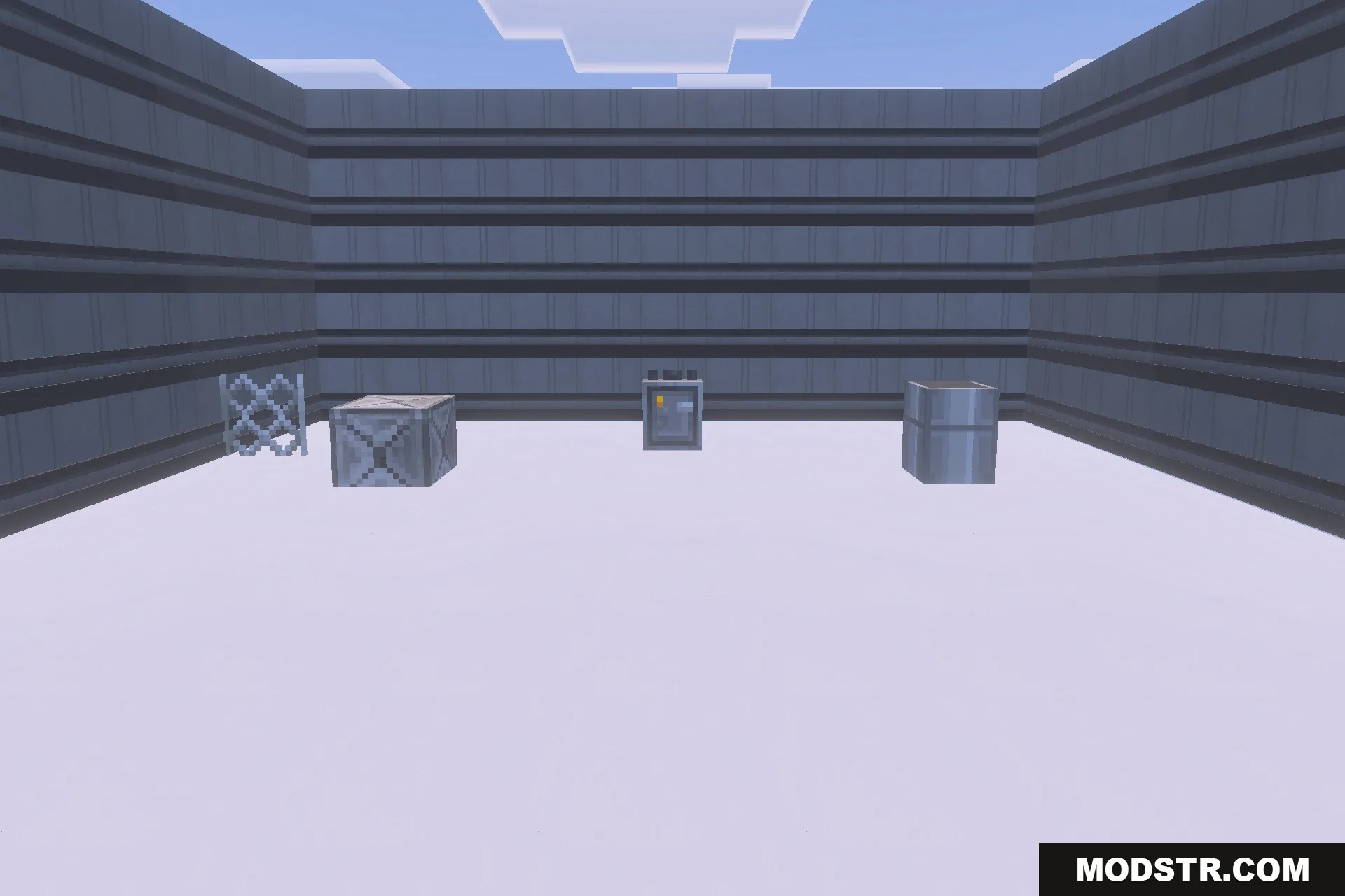 BACKROOMS THE FORGOTTEN COMPLEX Addon Screenshot 3 A sterile white room with grey striped walls and various industrial items