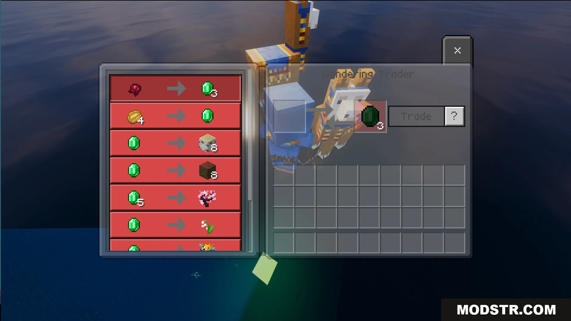 Wandering Trader interface showing trades for cherry saplings and flowers for emeralds