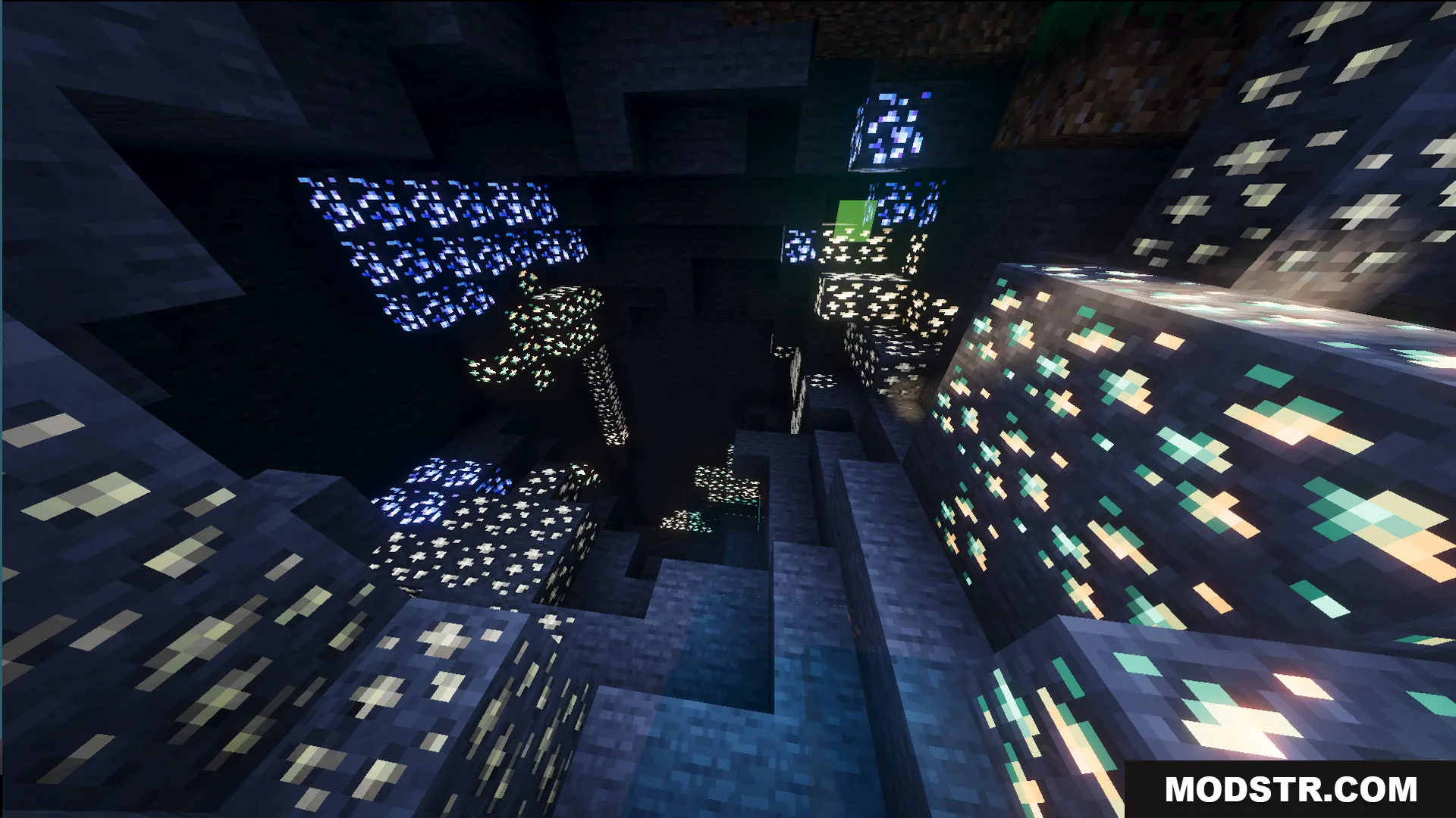 Deep underground cave filled with glowing diamond iron and coal ore blocks