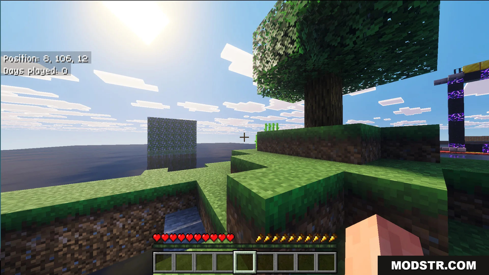 Player on a tiny grassy island with a tree and a ruined portal