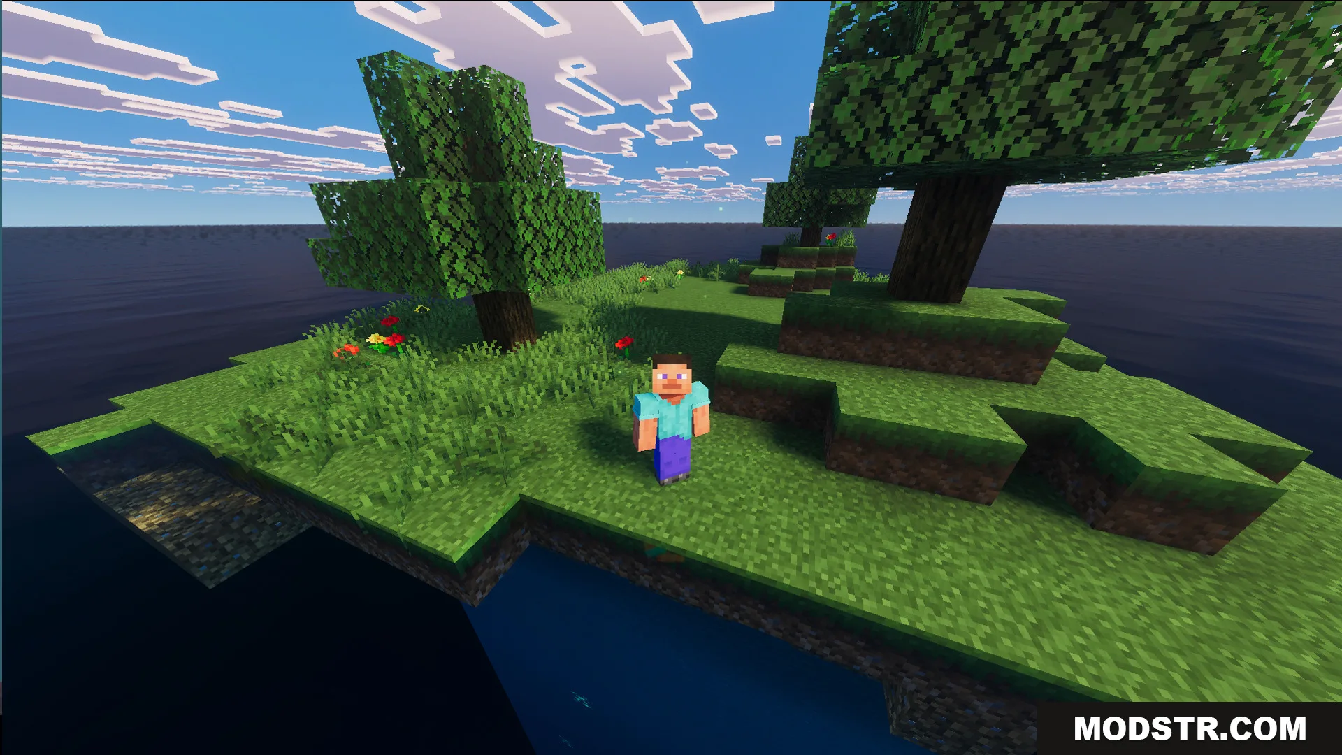 Player standing on a small grassy island with three trees and flowers