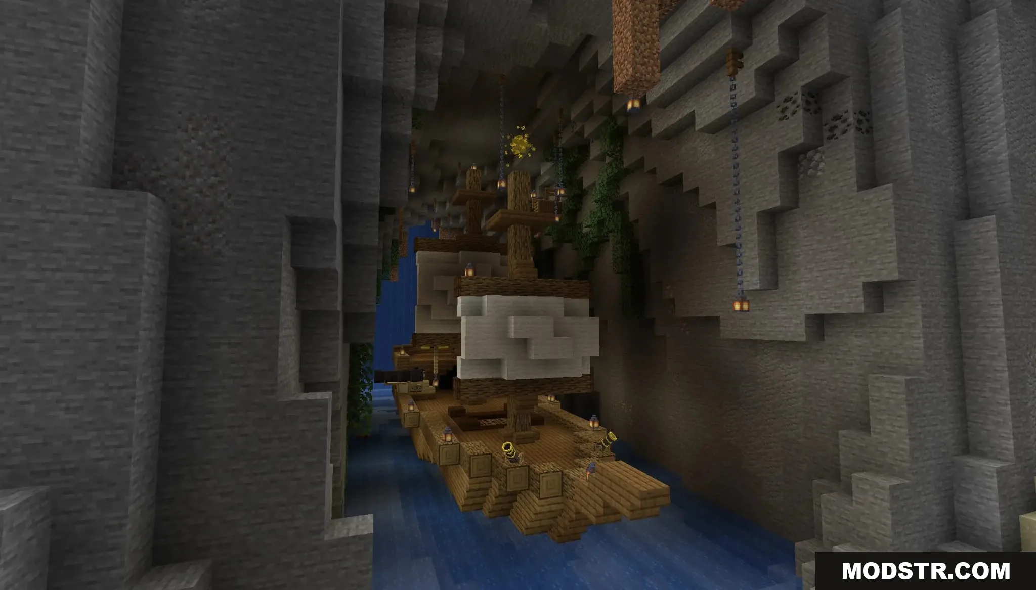 Banjo Kazooie Parkour Peril Map Screenshot 3 A wooden pirate ship floating on water inside a deep stone cave