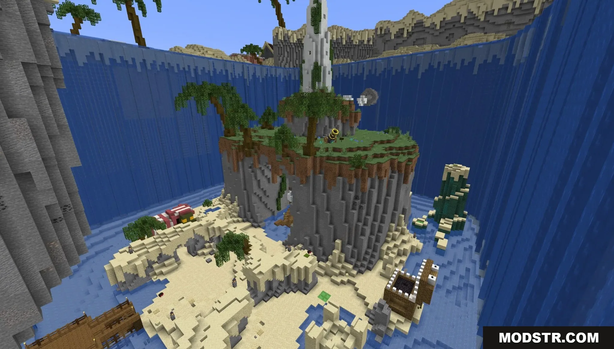 Banjo Kazooie Parkour Peril Map Screenshot 1 Tropical island with a white tower surrounded by a massive circular waterfall