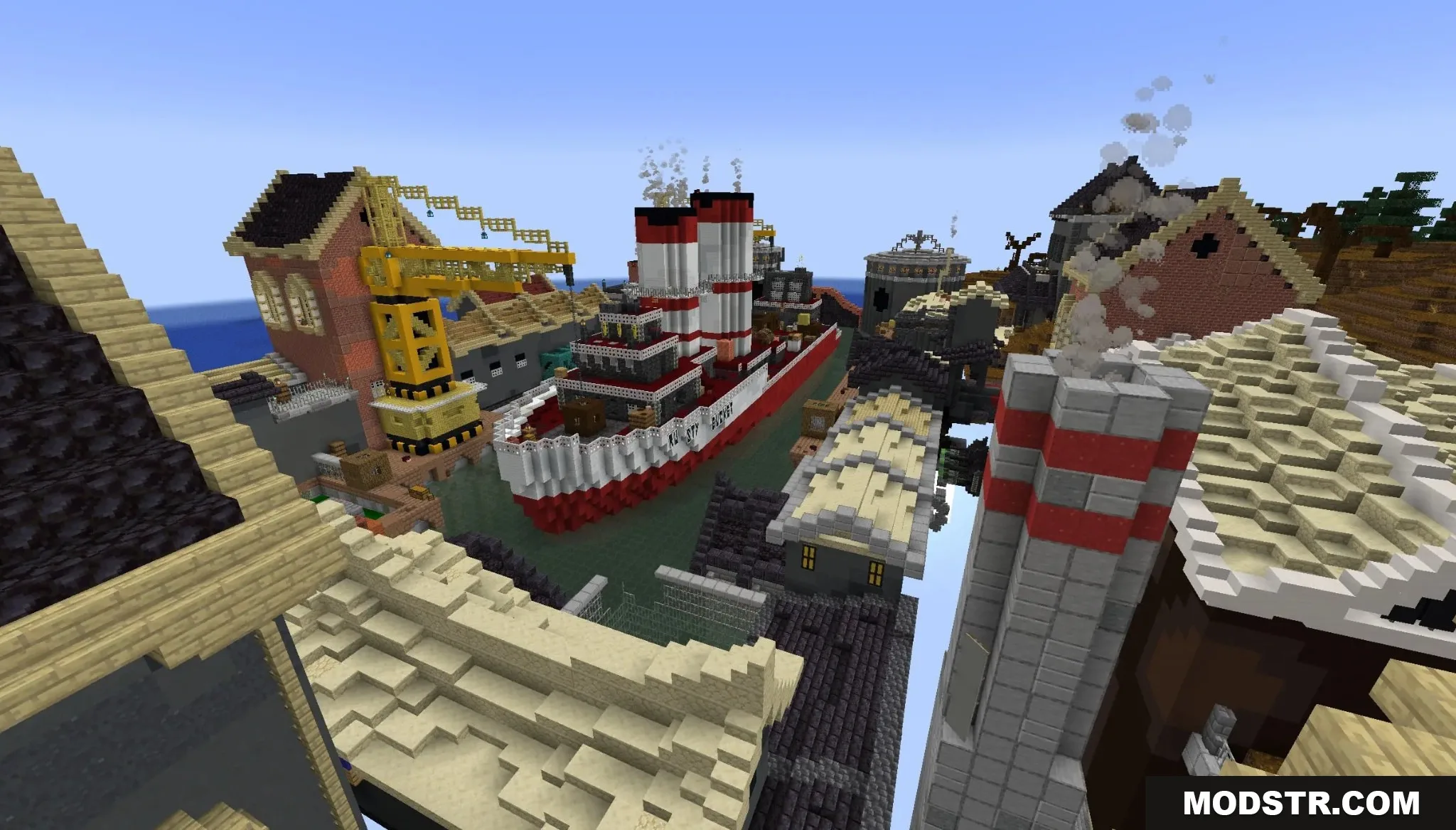 Banjo Kazooie Parkour Peril Map Screenshot 9 A large red and white ship docked next to a yellow crane