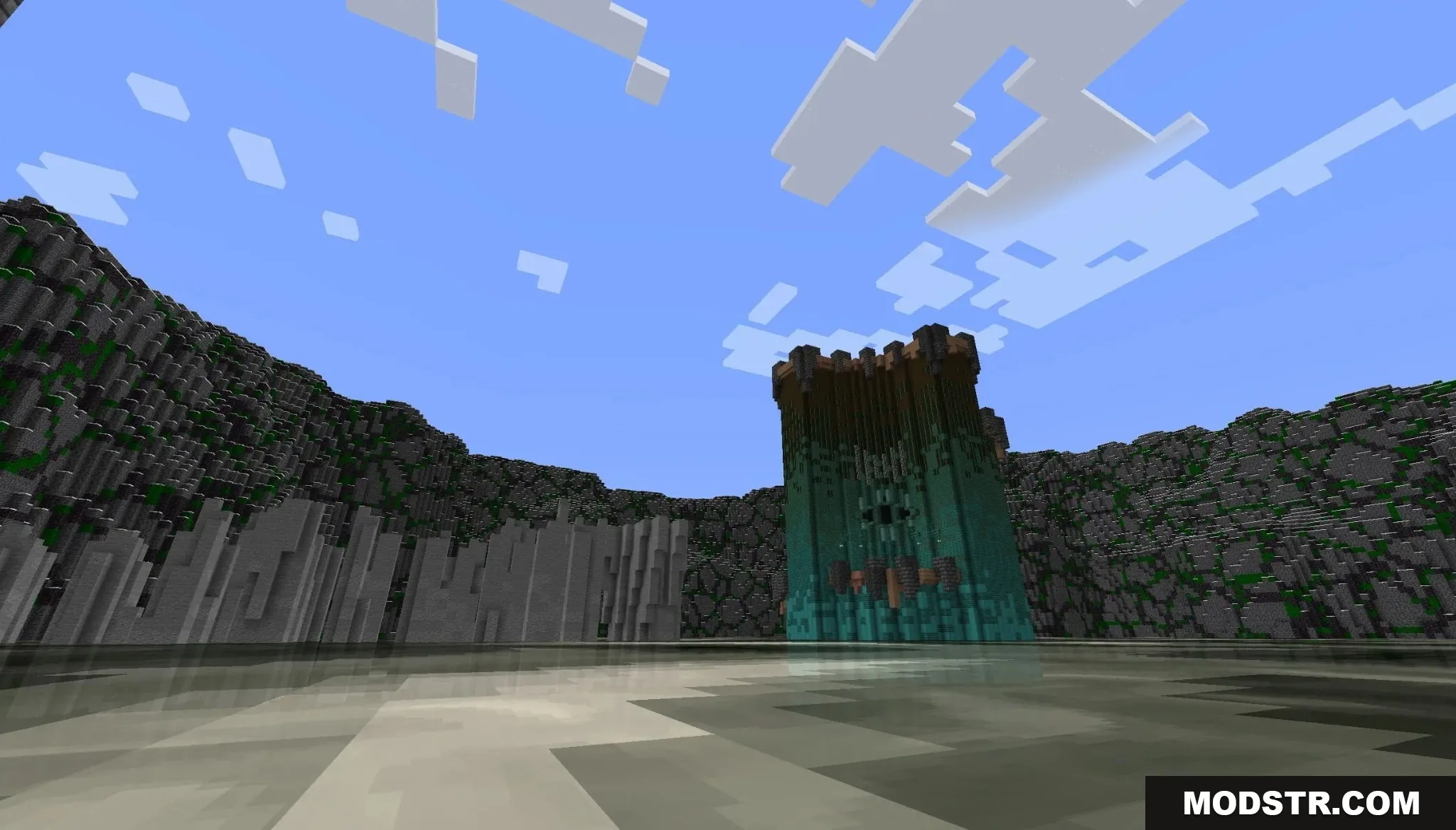 Banjo Kazooie Parkour Peril Map Screenshot 8 A tall teal tower stands in a rocky valley under a bright blue sky