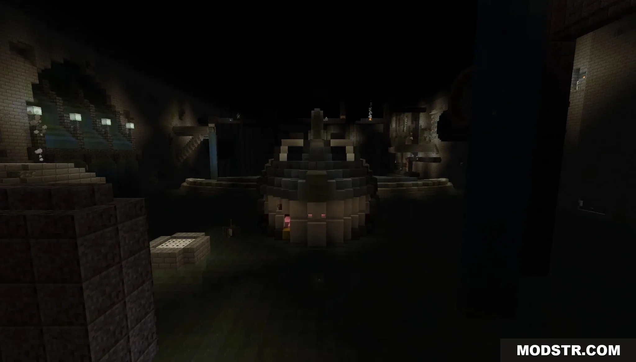 Banjo Kazooie Parkour Peril Map Screenshot 5 A large mechanical shark head built with blocks inside a dark chamber